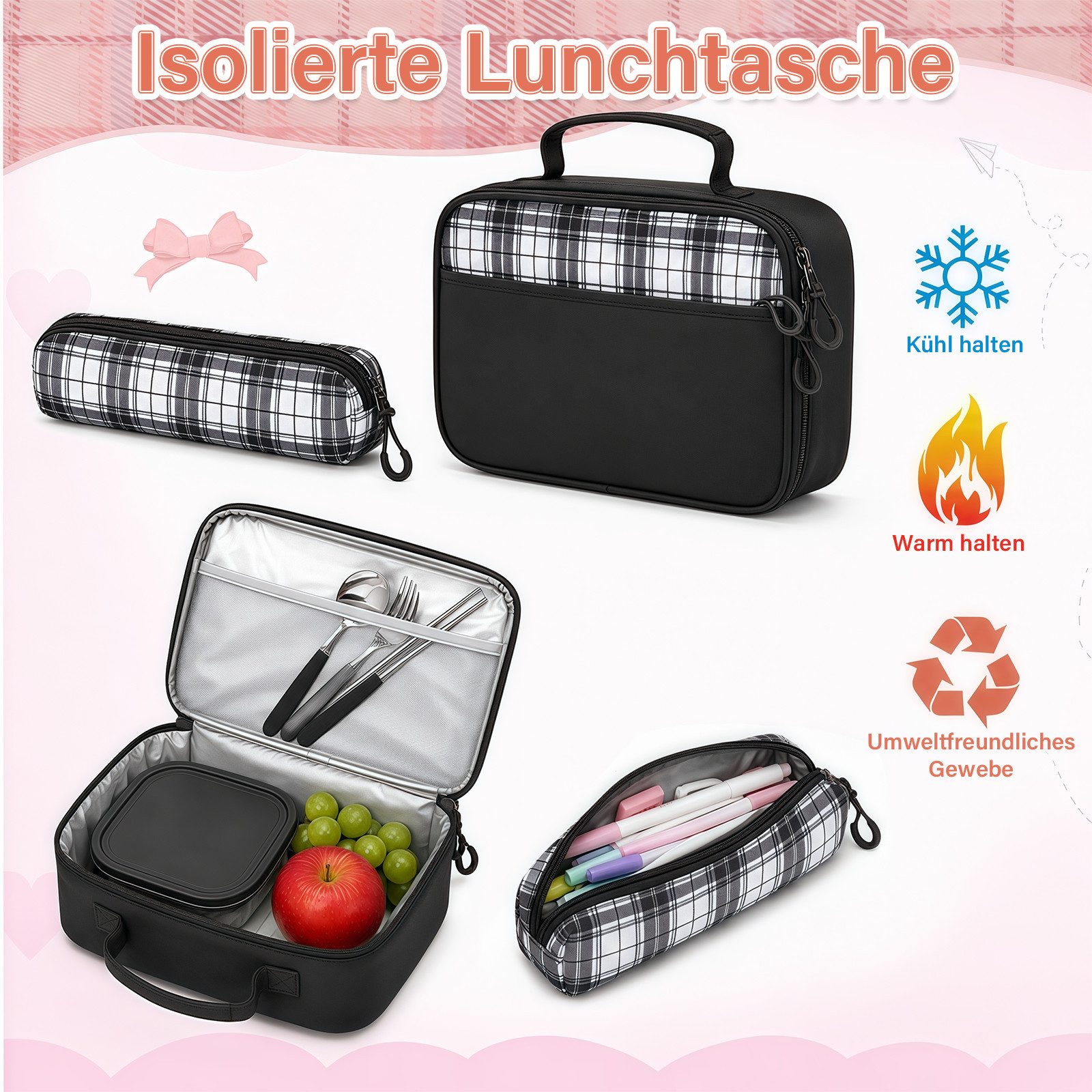 MOPUEA Schulrucksack Schulrucksack Set 3-tlg Wasserabweisend Ergonomisch mit Viele Fächer (Schulrucksack Set mit Lunchtasche und Federmäppchen, Rucksack Lunchta – Bild 3 von 5