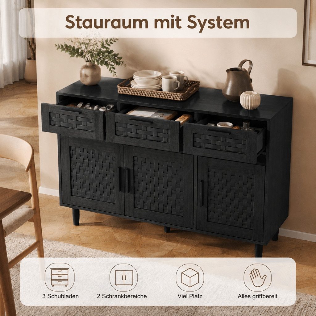 Simurq Sideboard Küchenschrank mit 3 Türen und 3 Schubladen, Buffetschrank (1 St., Stauraumschrank 108x40x80 cm), Kommode, Rattanoptik, moderner Stil – Bild 5 von 5