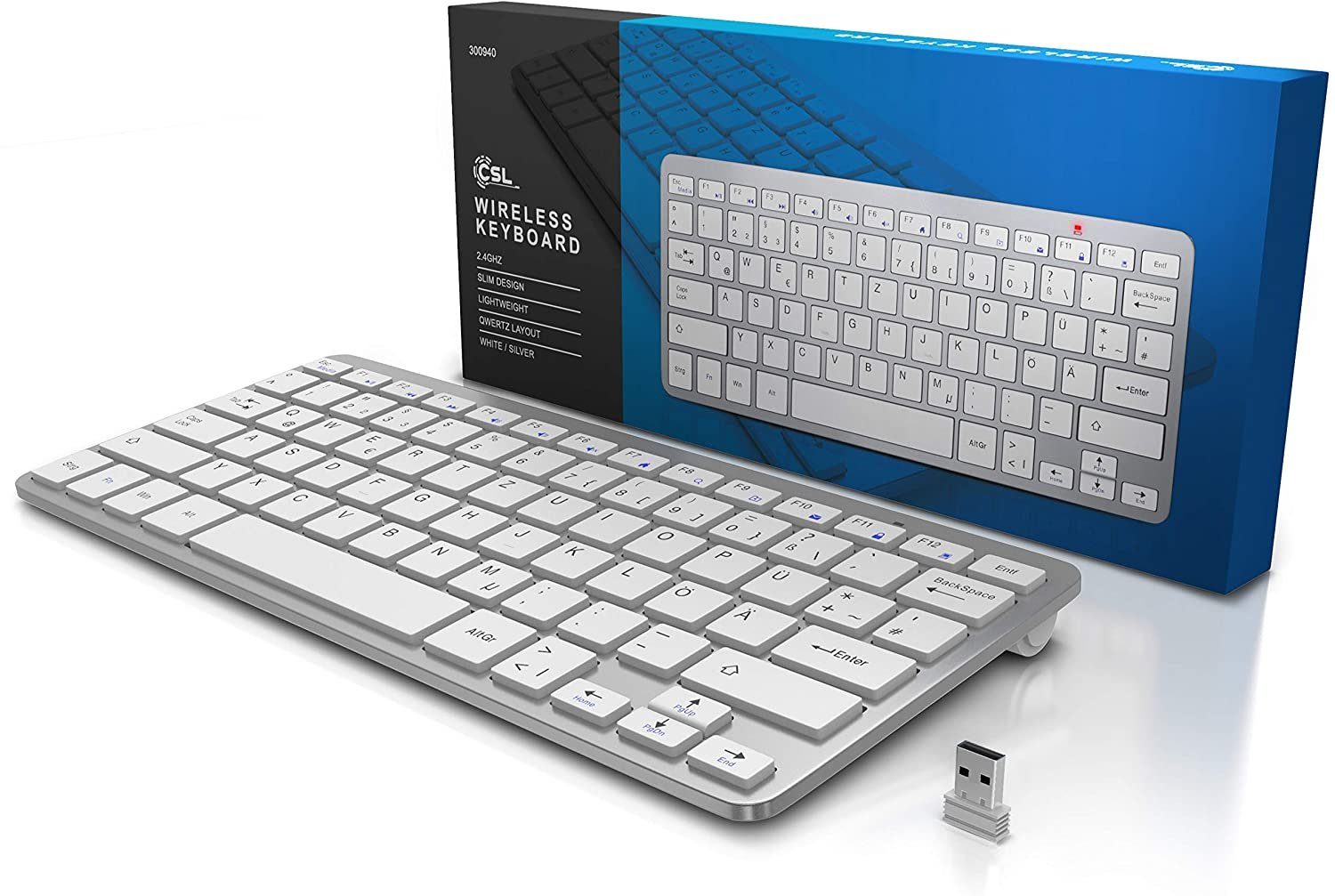 CSL Wireless-Tastatur Mini ergonomisch, platzsparend, Keyboard, silber (2,4Ghz Design Slim Kabellos)