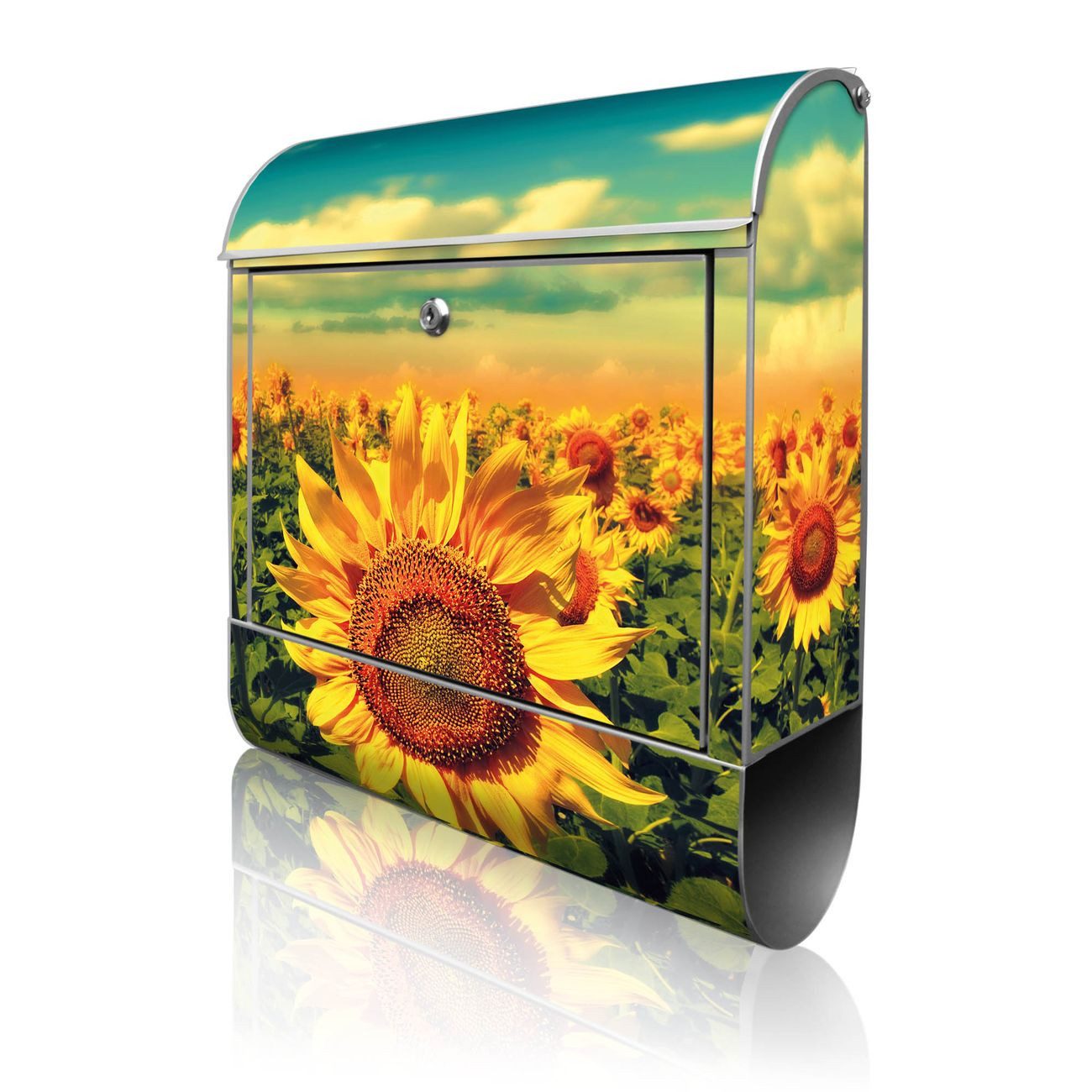 banjado Wandbriefkasten Silber Stahl mit Motiv Sonnenblumen (Wandbriefkasten witterungsbeständig, pulverbeschichtet, mit Zeitungsfach), 47 x 39 x 14 cm