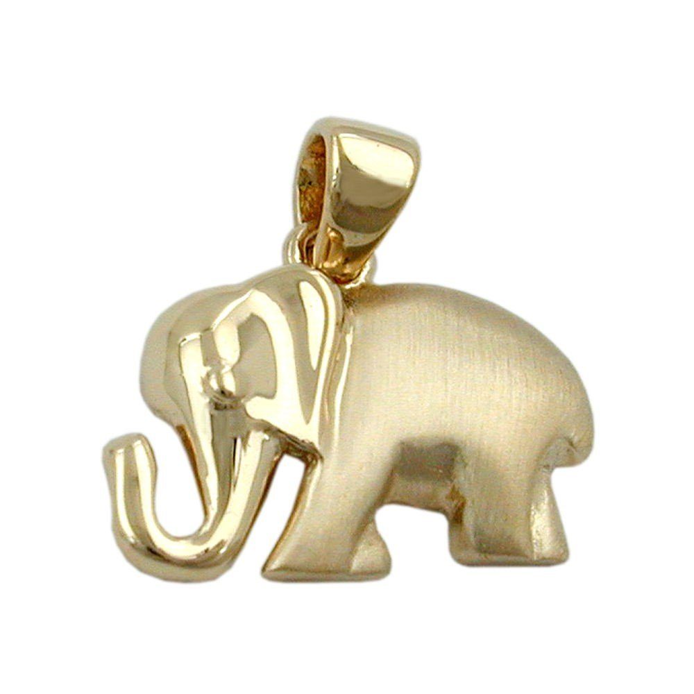 Schmuck Krone Kettenanhänger Anhänger Elefant aus 375 Gold Gelbgold matt-glänzend Goldanhänger Damen, Gold 375