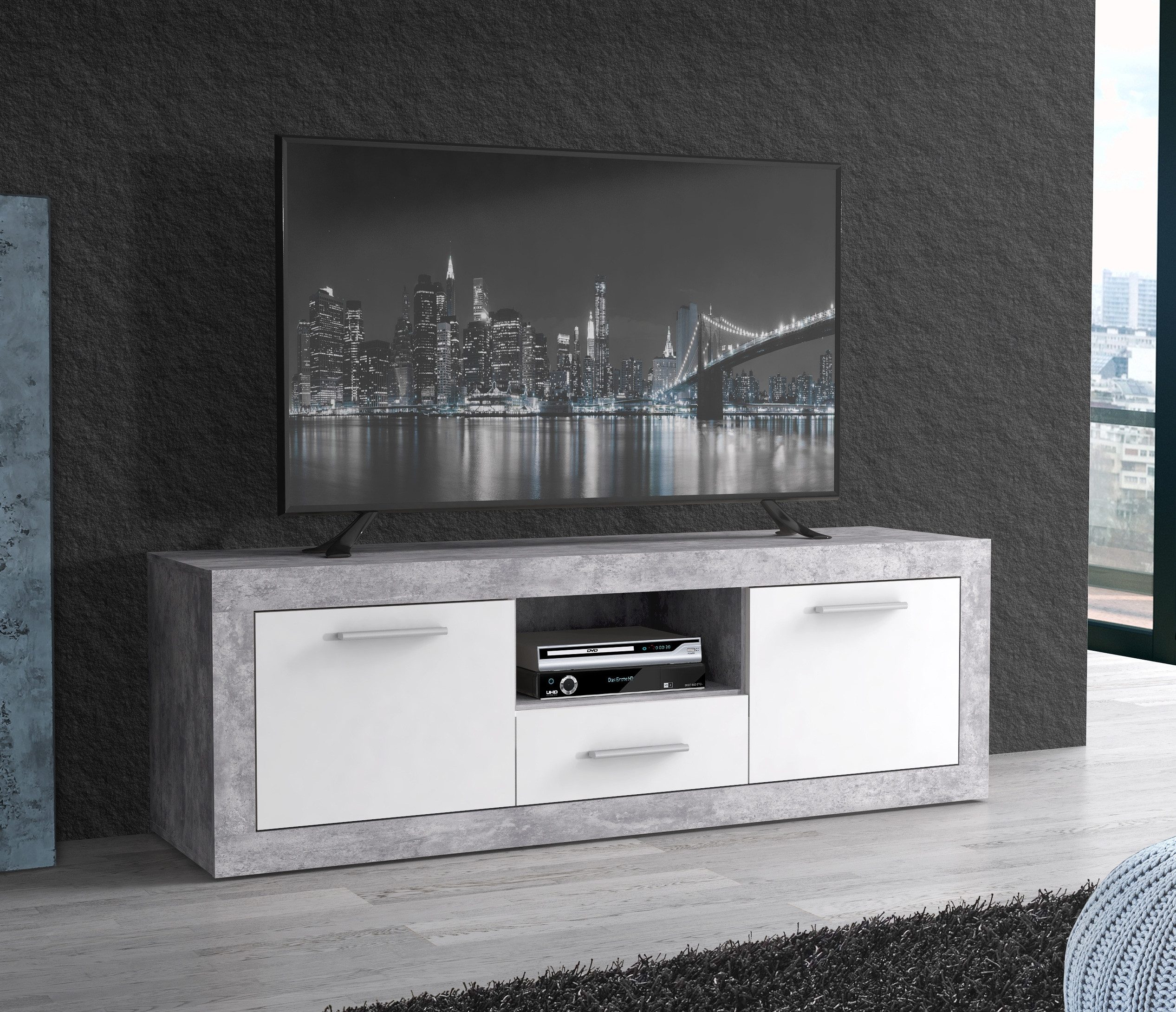 Newroom Lowboard Betonoptik Lichtgrau 148 cm, TV Lowboard Betonoptik Lichtgrau Modern TV Schrank Fernsehtisch