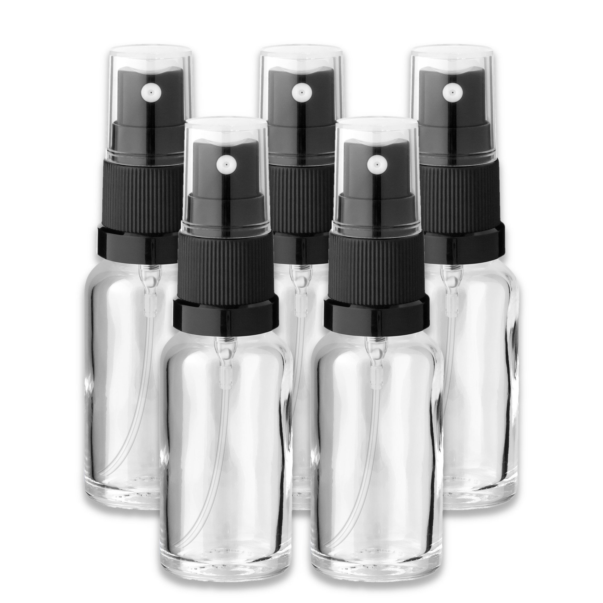CK Verpackung GmbH Zerstäuberflasche 5x Klare Glasflasche 20 ml mit schwarzem Zerstäuber Sprükopf leer