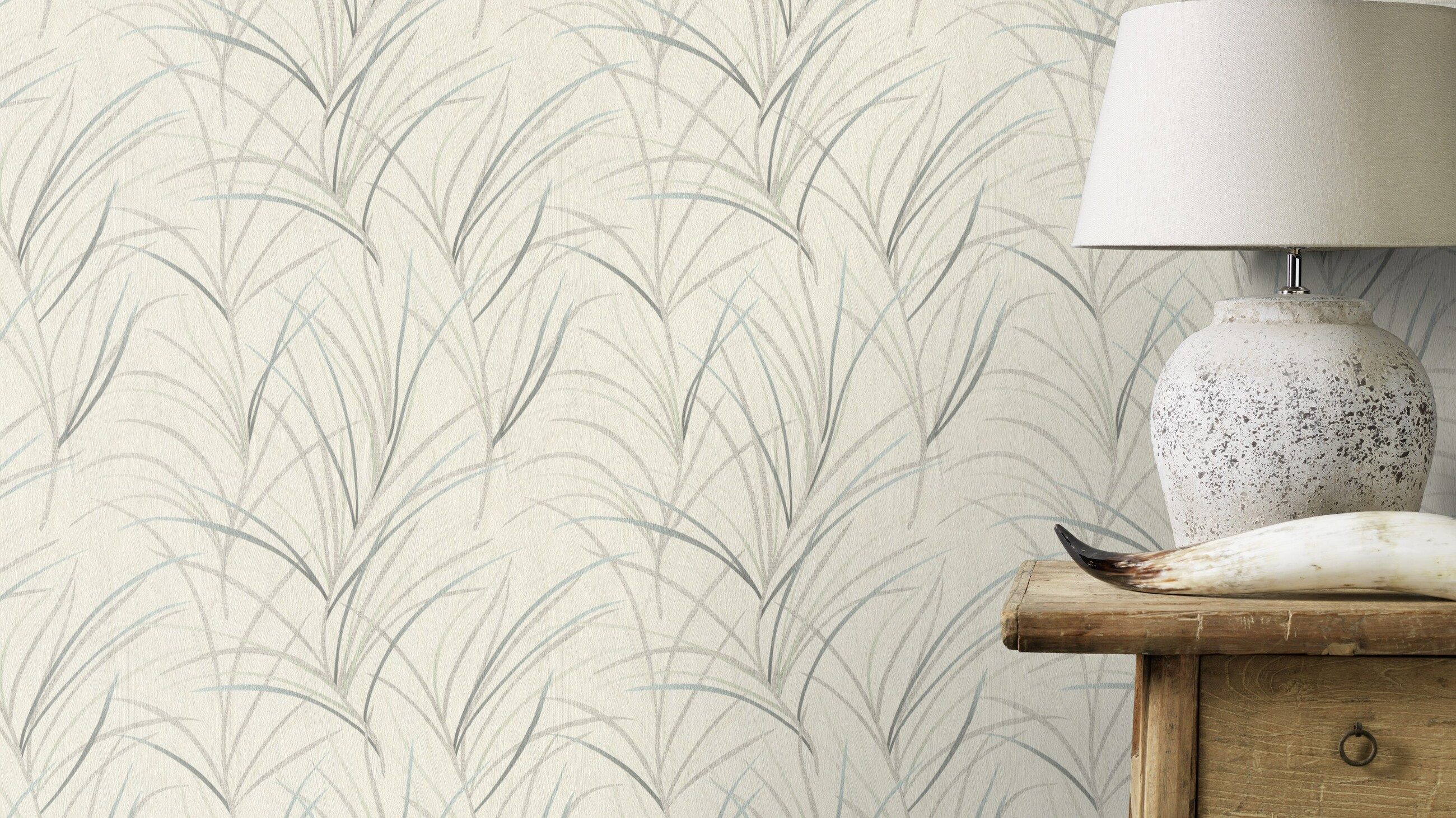 Rasch Vliestapete Botanisches Muster - Vinyltapete Weiß Creme Blau Grün, Floral, (1 Rolle, 1 St., 10,05 m x 0,53 m), gute Lichtbeständigkeit, feucht abwischbar, restlos abziehbar