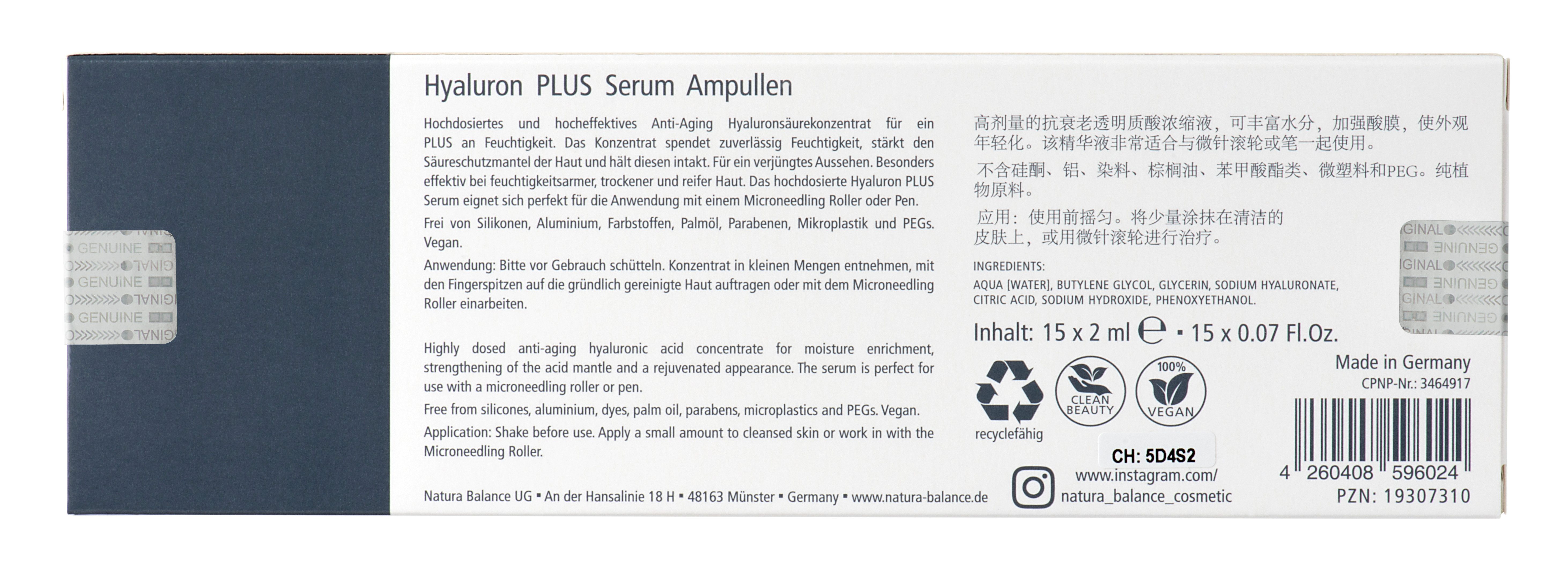 Natura Balance Gesichtspflege Hyaluron PLUS 15 Stück Ampullen a 2 ml Gesicht Hyaluronsäure Falten