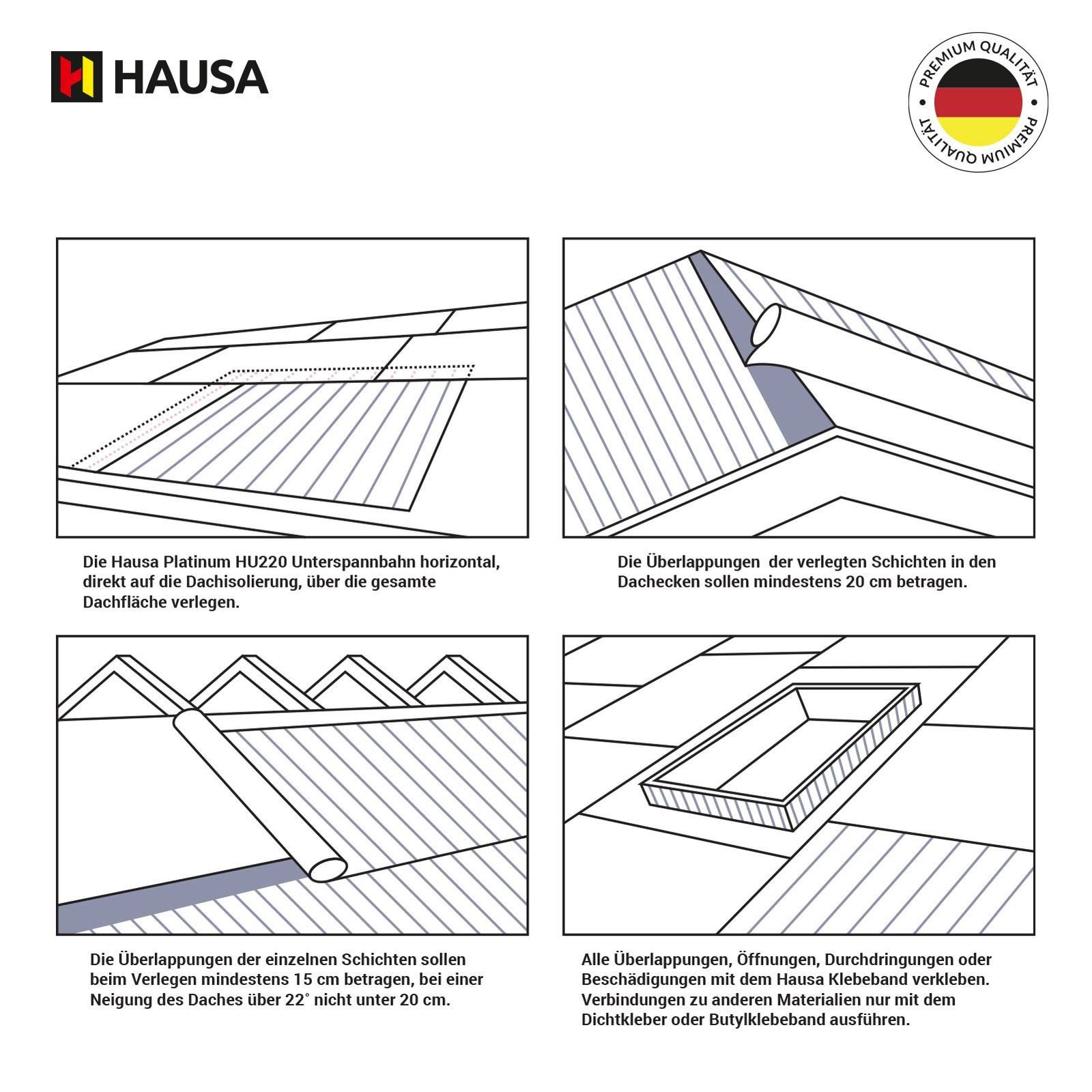 Hausa Dachbahn Unterspannbahn Platinum HU220, Ohne Selbstklebestreifen, 75 m² pro Paket, (220g/m², 1-St., 1,5m x 50m), flexible dreilagige hochdiffusionsoffene Unterdeckbahn
