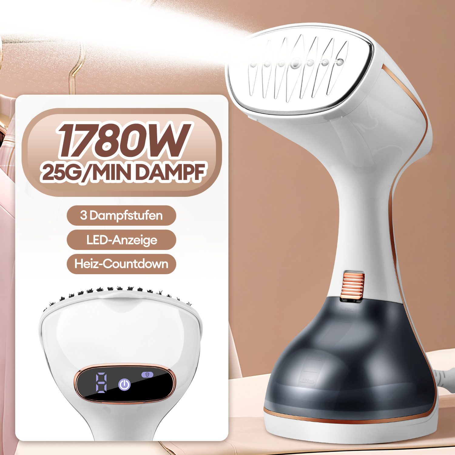 CkeyiN Dampfglätter 1780W Dampfbürste mit 320ML Wassertank Dampfleistung max. 25g/min, 1780,00 W, 3 Dampfstufen LED-Anzeige Heiz-Countdown-Anzeige für Zuhause Reise