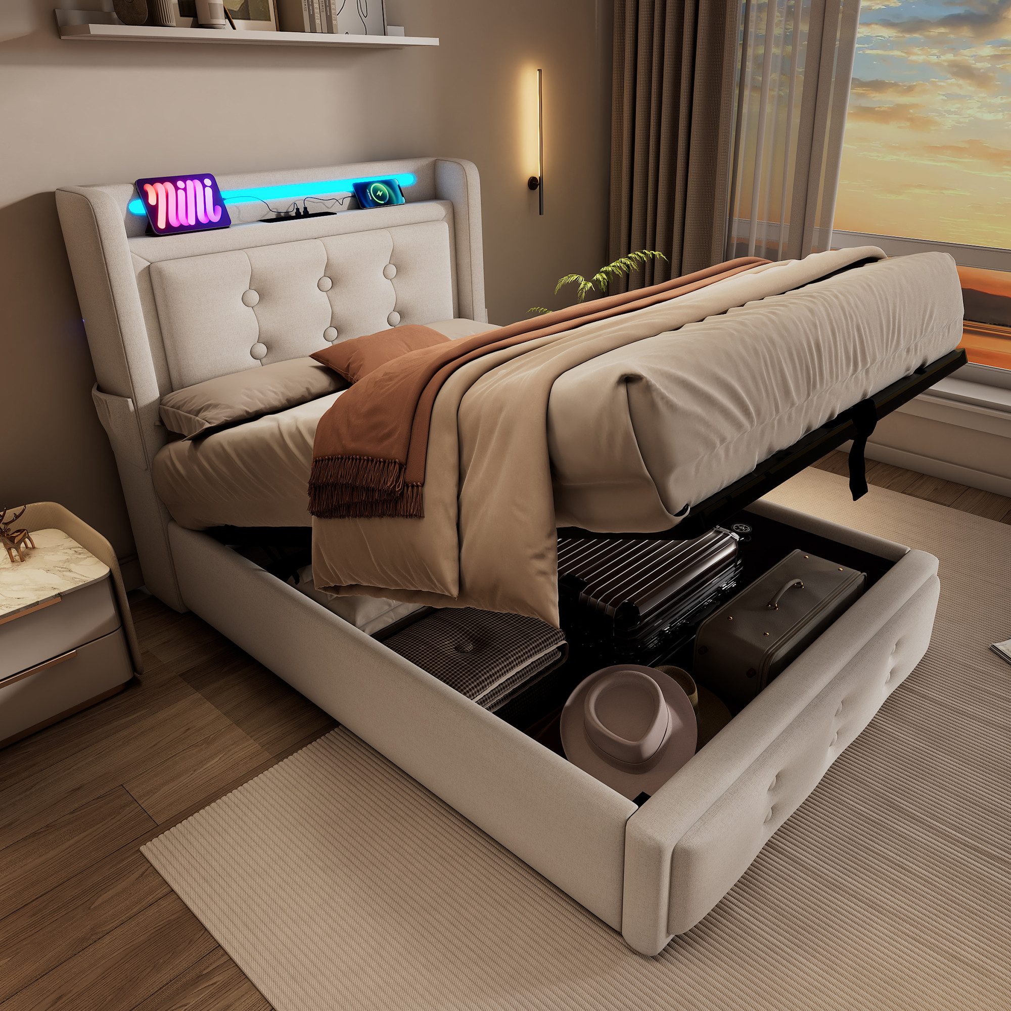 Flieks Polsterbett, LED Doppelbett 140x200cm mit Ladefunktion und hydraulischem Stauraum