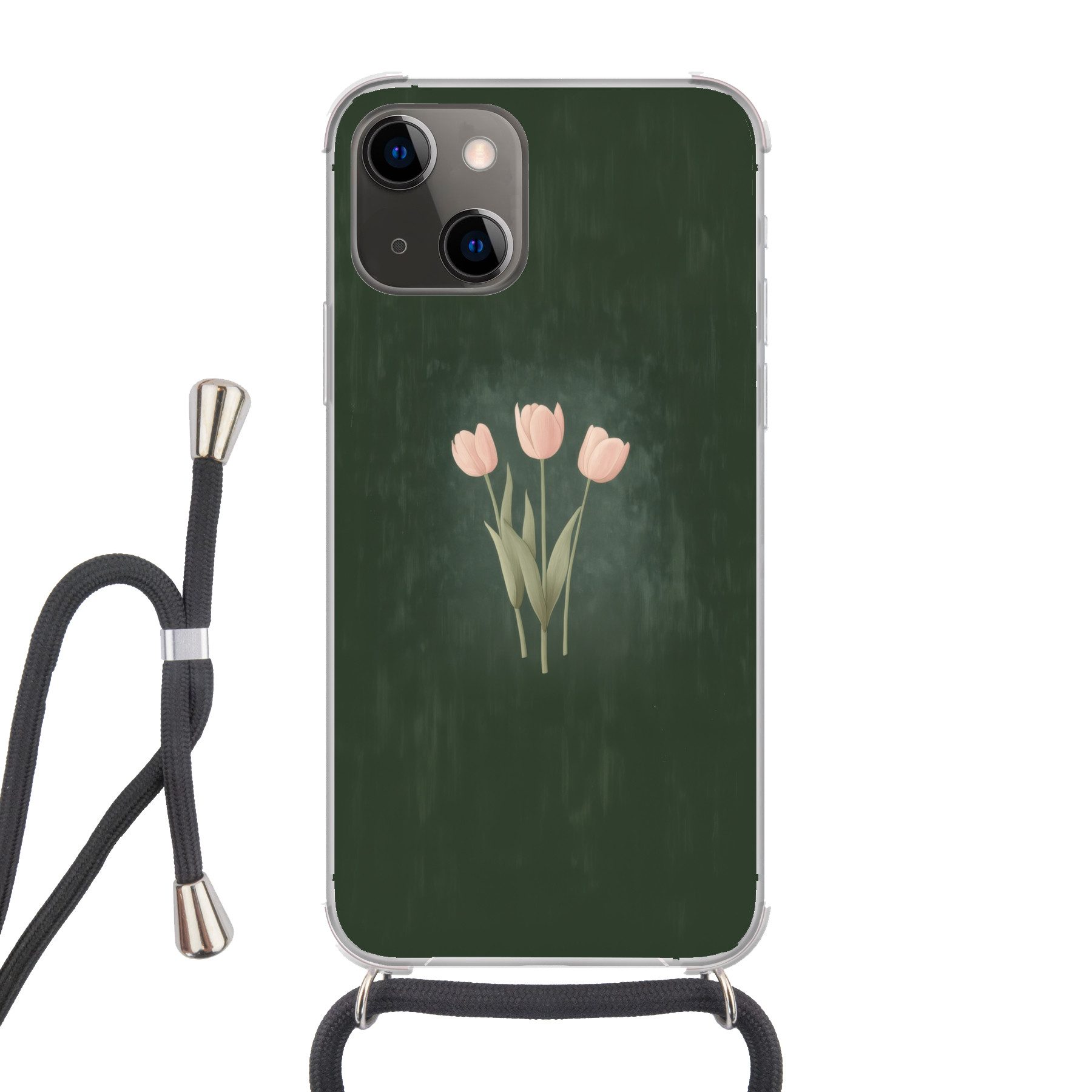 MuchoWow Handyhülle für Apple iPhone 13 Mini Tulpen - Liebe - Dunkelgrün, Tragbare Handyhüllen mit Kette zum umhängen, Handykette Handyband