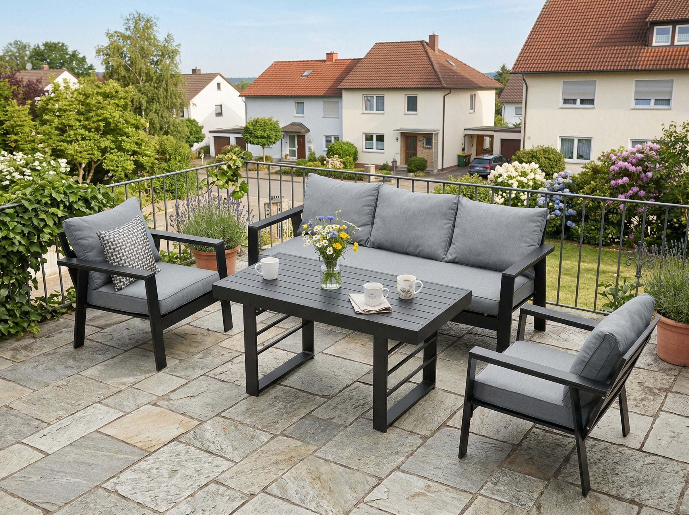 MeXo Gartenlounge-Set Aluminium 5-6 Personen, (Wetterfestes Gartenmöbel Set, mit Dicken Kissen & Großem Esstisch, 4-tlg., Belastbarkeit pro Sitzplatz 140kg), Gemütliche Sitzgruppe für Terrasse, Balkon & Garten