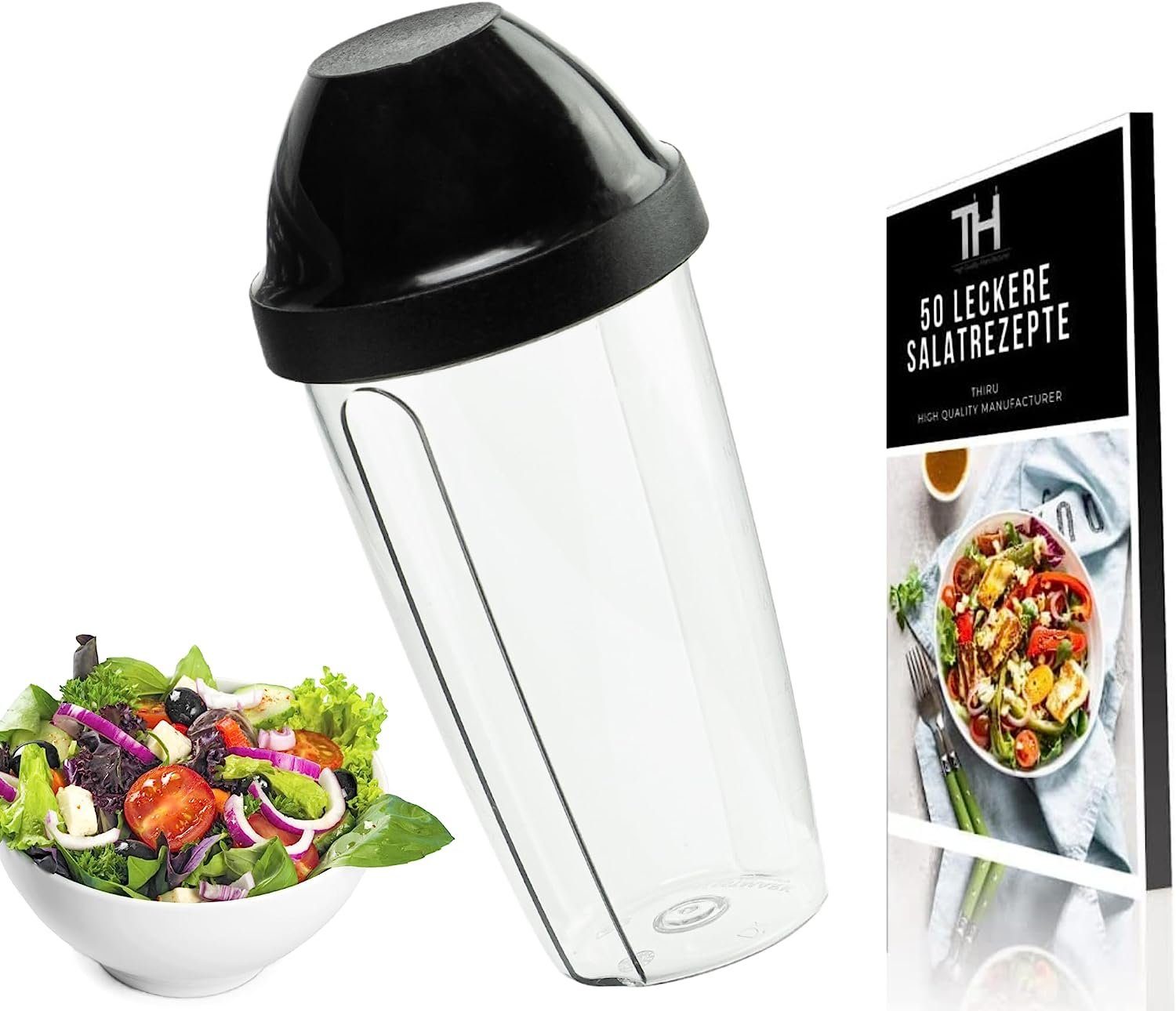 Thiru Dressing Shaker 400ml - inkl. E-Book mit 25 Salat & Dressing  Rezepten, Basic Kunststoff, spülmaschinenfest, für Salatsoßen, klumpenfrei