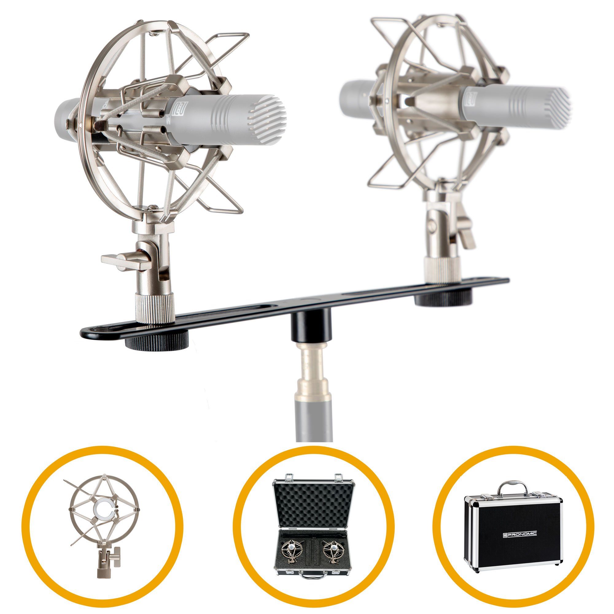 Pronomic Stereo Zubehörset für Kleinmenmbran Mikrofone - Hochwertiger Koffer mit 1 x T-Bar Stereoschiene und 2 x Spinne - Ideal für hochwertige Overhead Aufnahmen auf Bühne und im Studio Mikrofon-Halterung, (Zubehörset für Kleinmembranmikrofone)