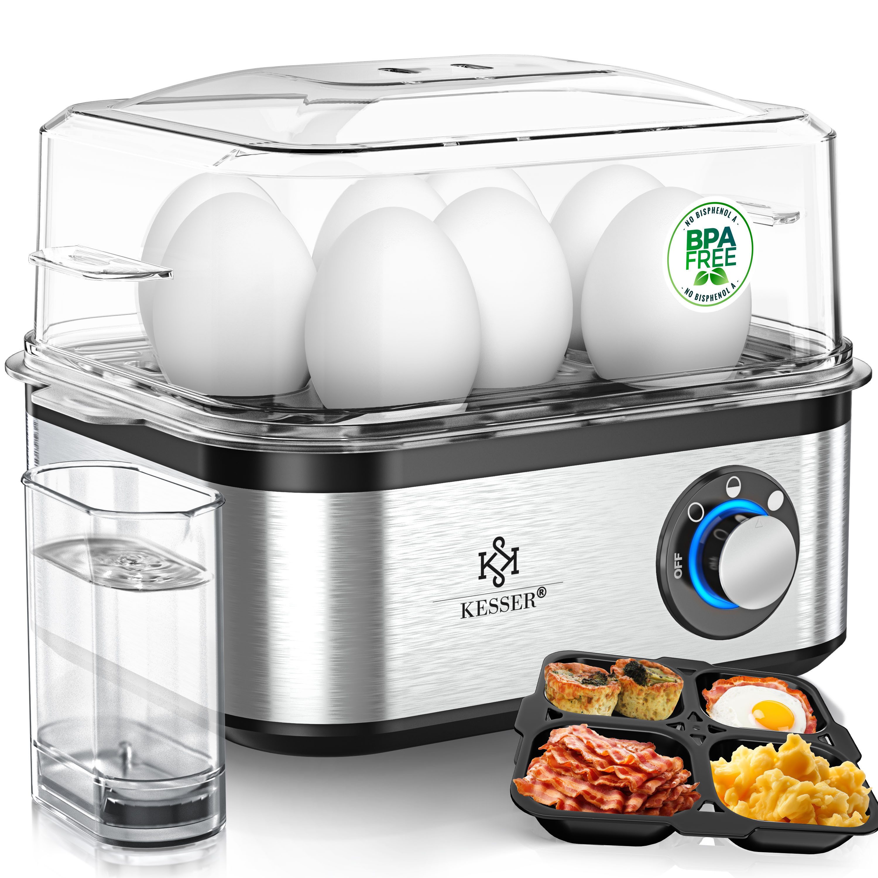 KESSER Eierkocher inkl. Messbecher mit Eipick und Omlettschalen, Bis 8 Eier, 500 W, Warmhaltefunktion, drei Härtegrade