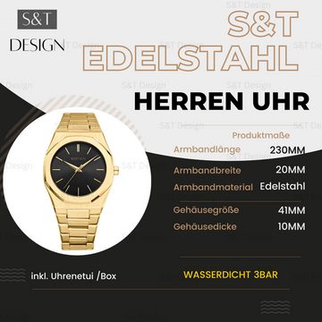 S&T Design Quarzuhr Herren Edelstahl Armbanduhr Quarz, (inkl. Uhrenetui, und Armbandkürzer), Armbanduhr für Herren, Achteckig, Wasserdicht