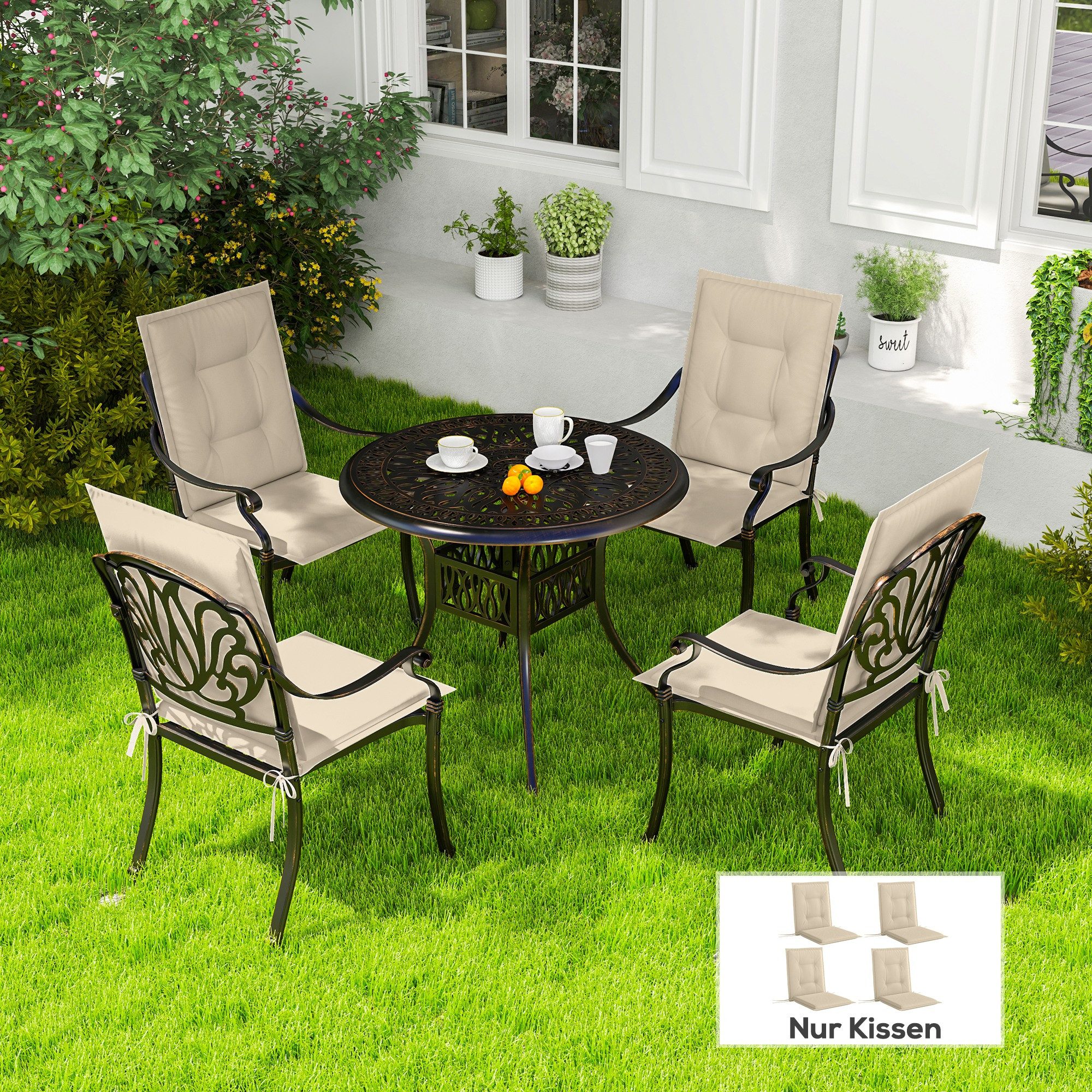 Outsunny Sitzkissen 4er Set, 108 x 50 x 5 cm, mit Bändern, für Gartenmöbel, Sitzsthul, Essstuhl, Beige