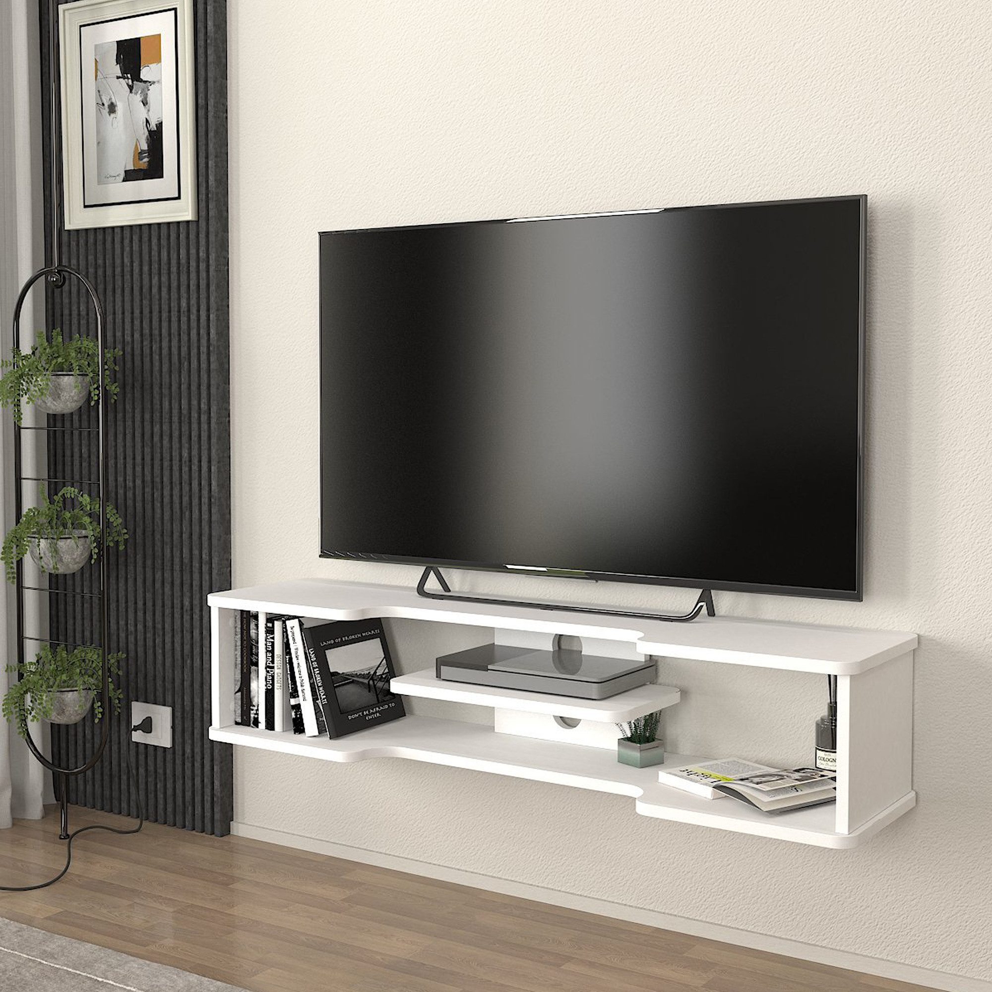 en.casa TV-Regal, »Yrela« hängend mit Kabeldurchlässe 120 x 30 x 26 cm Weiß
