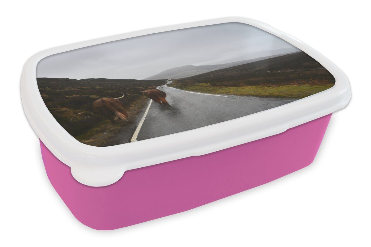 (2-tlg), Kunststoff, - Brotbox Schottische - Berg, Brotdose MuchoWow Regen Lunchbox Highlander Erwachsene, rosa Kinder, Kunststoff Snackbox, für Mädchen,