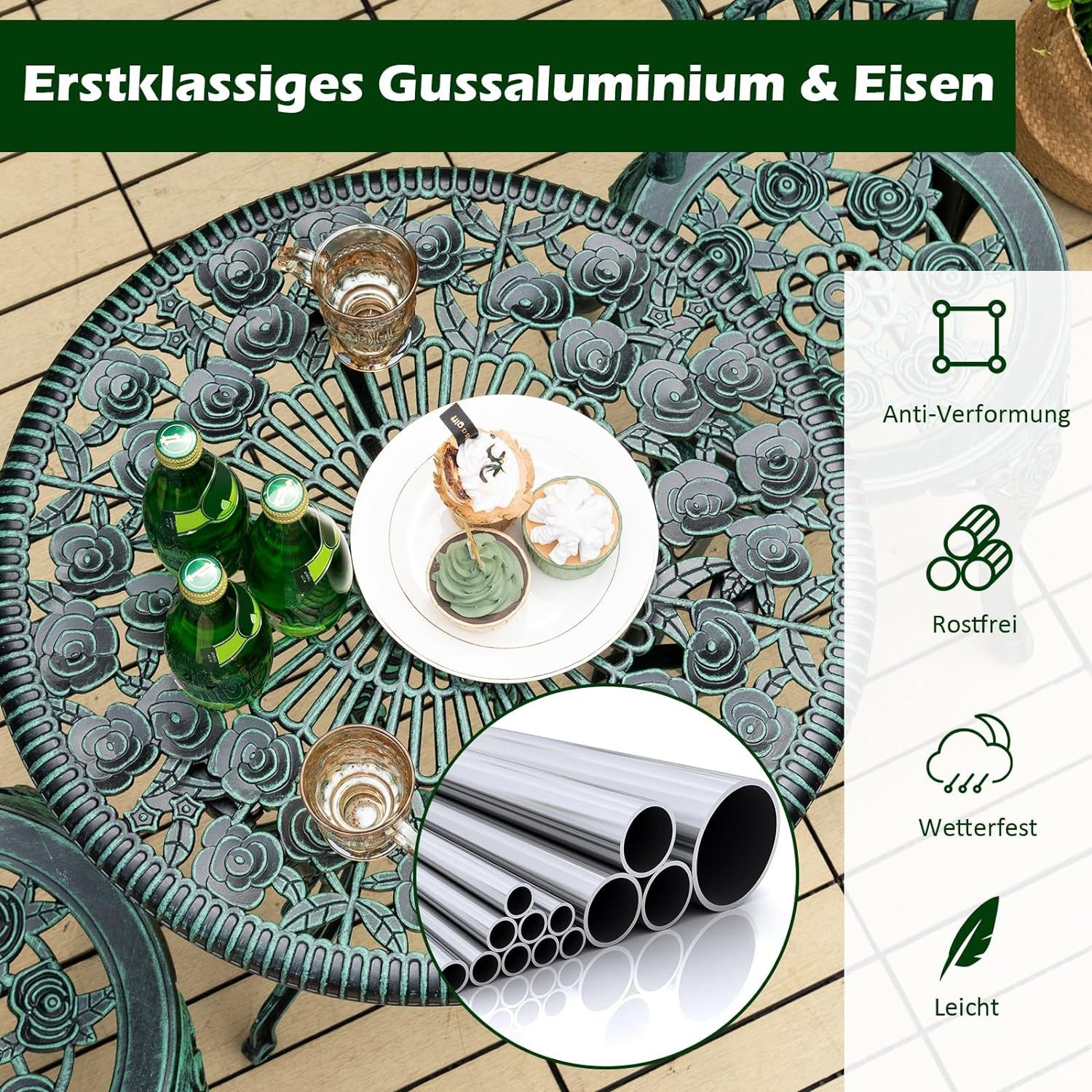 KOMFOTTEU Gartentisch Runder Gartentisch mit 2 Stühlen, Grün,für Balkon
