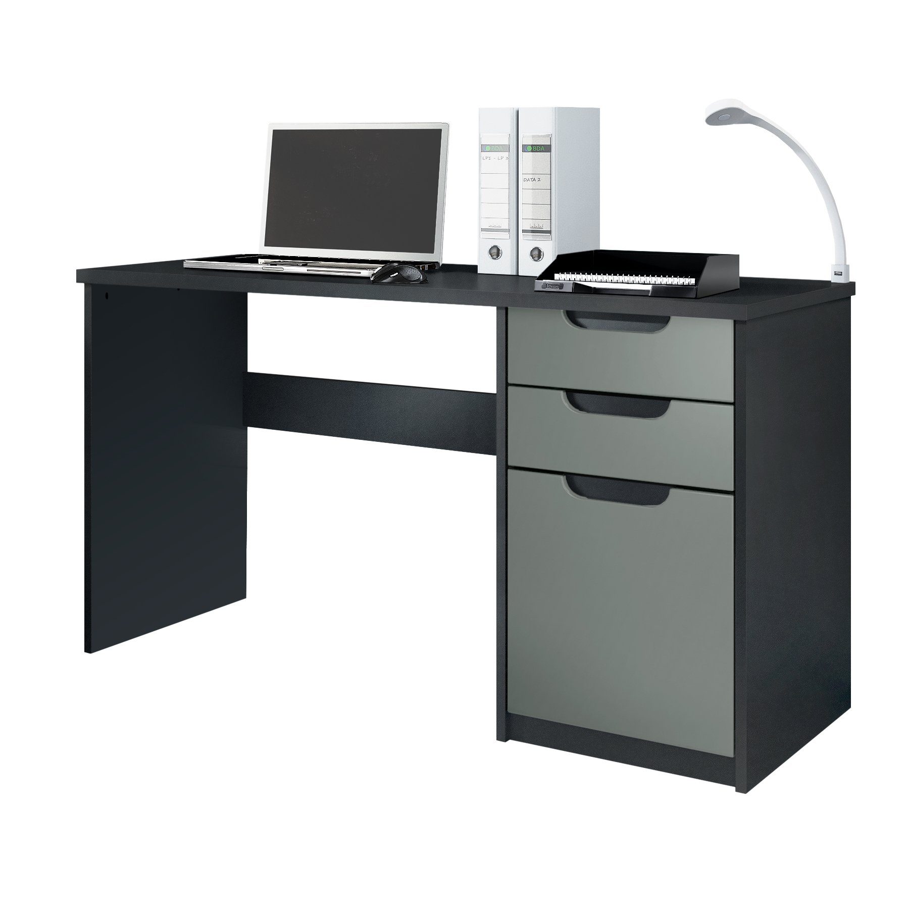 Vladon Schreibtisch Logan (Bürotisch, mit 2 Schubladen und 1 Tür), Schwarz matt/Graphit Seidenmatt (129 x 76 x 60 cm) Fronten in Graphit Seidenmatt