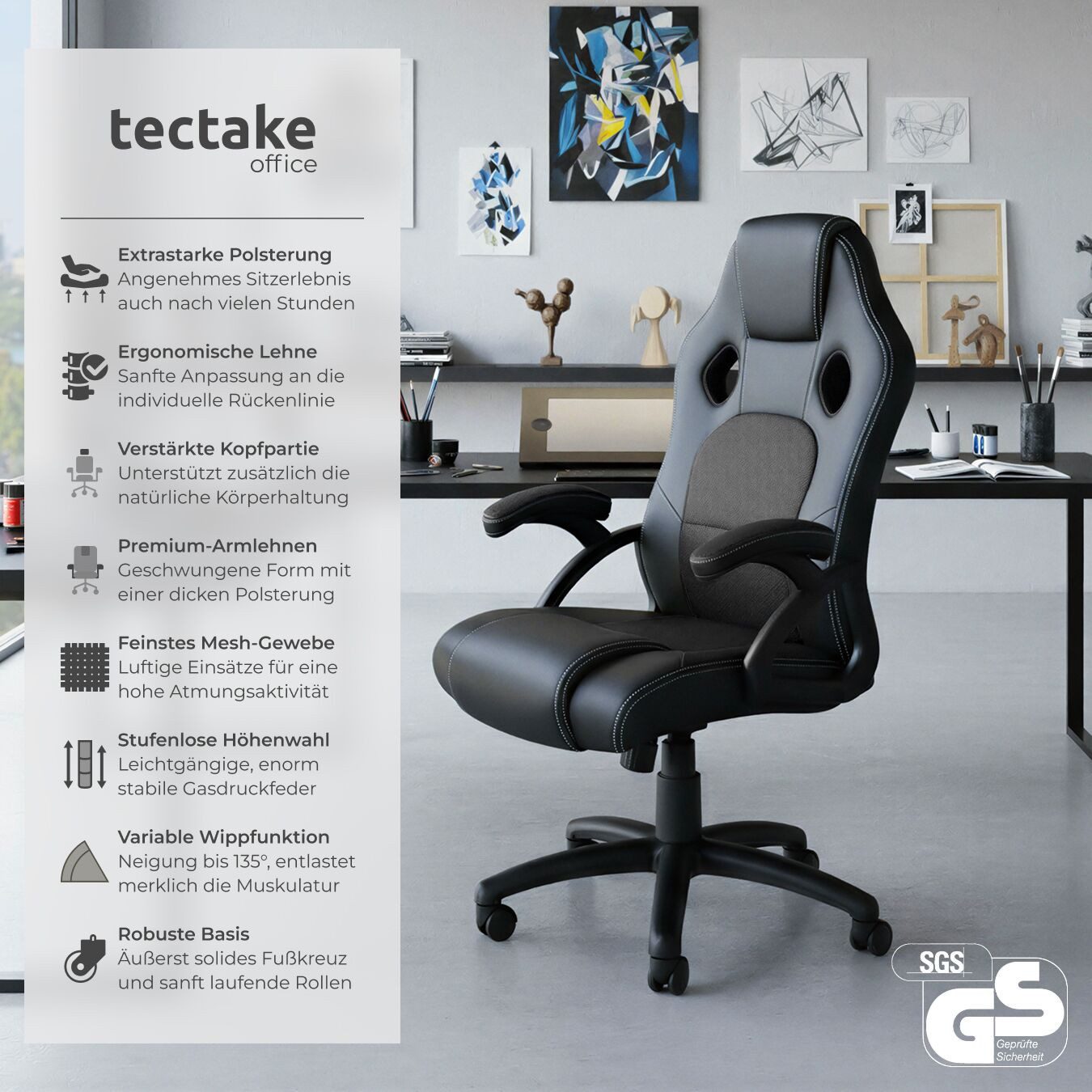 tectake Gaming-Stuhl Bürostuhl (Set, 1 St), Überzug aus weichem Kunstleder