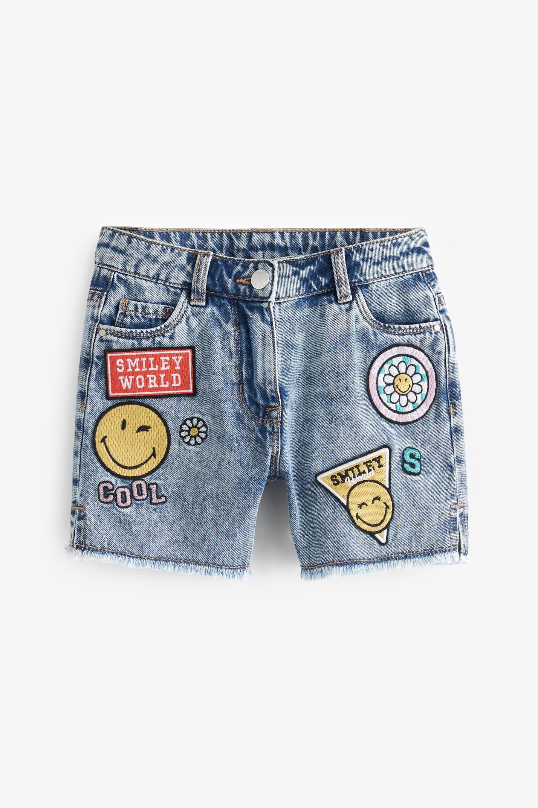 mit License Shorts Fransensaum Denim Shorts Längere (1-tlg) Badge Blue SmileyWorld Next