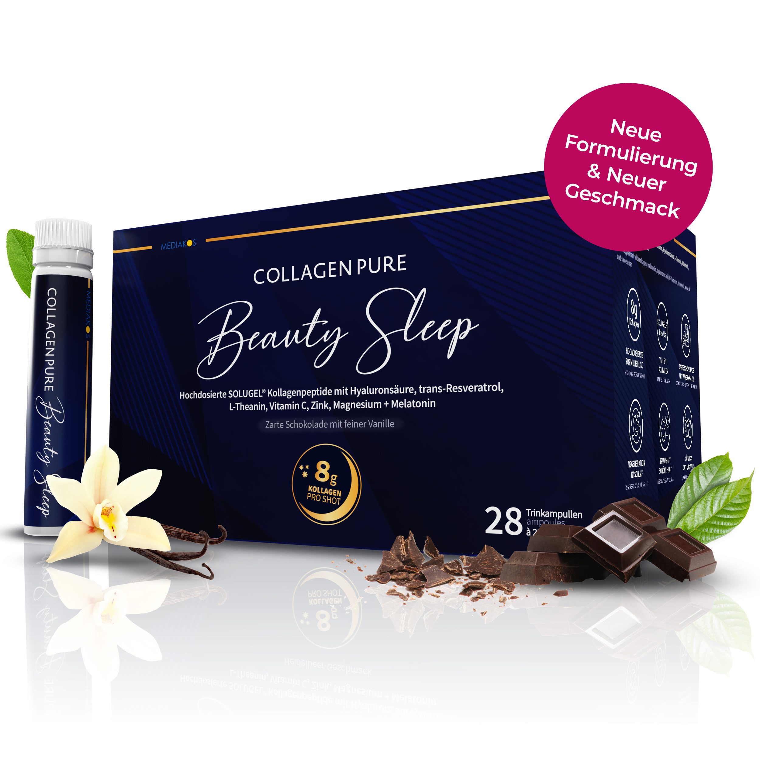 COLLAGEN PURE COLLAGEN PURE Beauty Sleep – Kollagen & Melatonin Trinkampullen, mit Hyaluronsäure, Resveratrol, Vitamin C, Zink, Magnesium & L-Theanin à 28 St., 700 ml