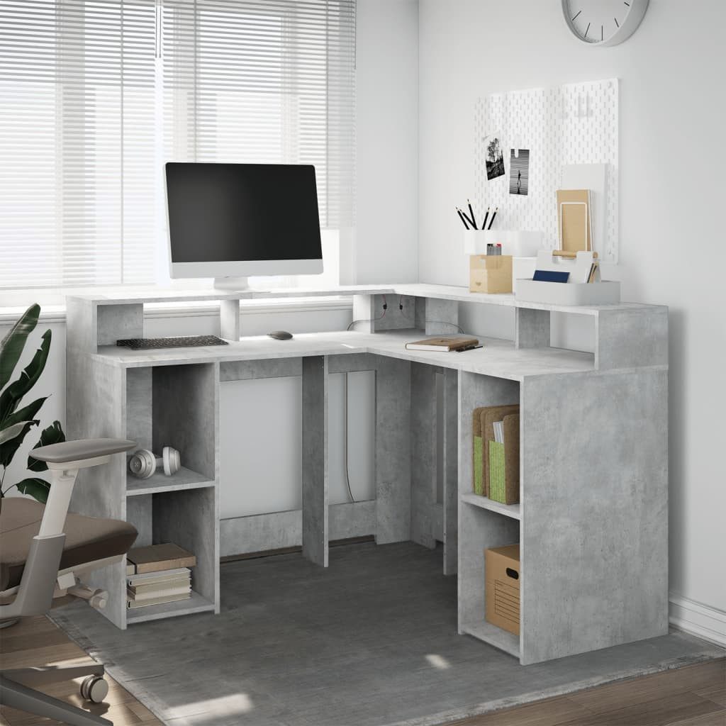 vidaXL Schreibtisch LED-Schreibtisch Betongrau 130x130x91 cm Holzwerkstoff