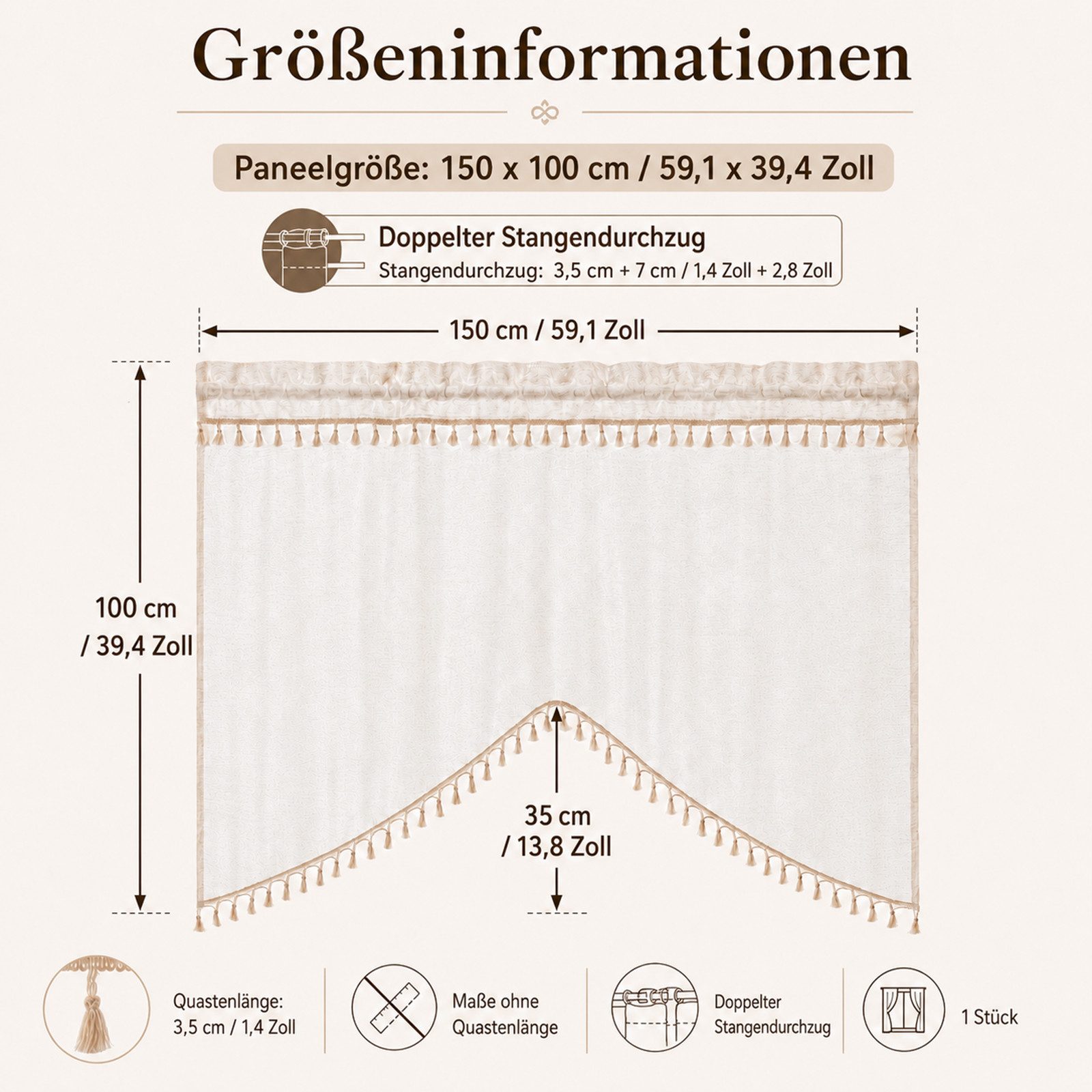 LMaxhome Scheibengardine mit Fransen, W-förmige Bogen-Kurzgardine in Leinenoptik, Beige (1 St), für Küche, Bad, Schlafzimmer, Wohnwagen & Caféfenster, 150 x 100 cm