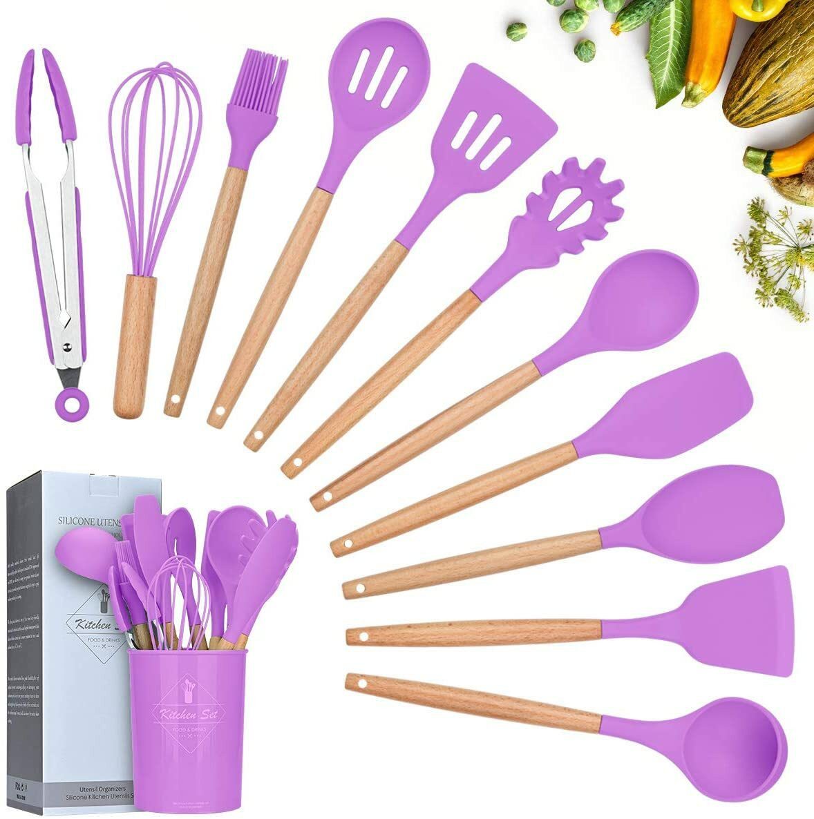 Faizee Möbel Kochbesteck-Set Küchenhelfer Set 12tlg Silikon Kochbesteck Holzgriff Küchenutensilien (12-tlg)