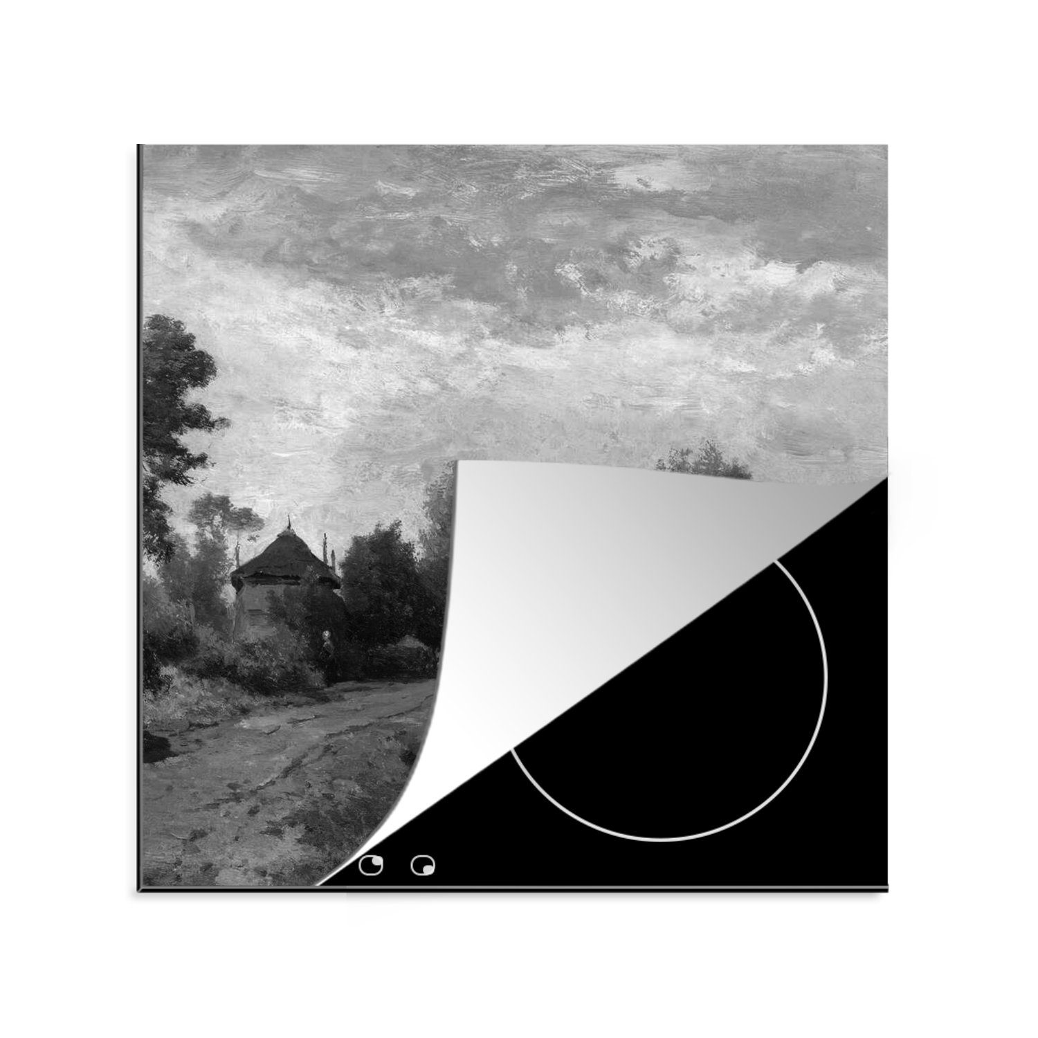 MuchoWow Herdblende-/Abdeckplatte Landschaft bei Kortenhöf in schwarz-weiß - Gemälde von Paul Joseph, Vinyl, (1 tlg), 78x78 cm, Ceranfeldabdeckung, Arbeitsplatte für küche