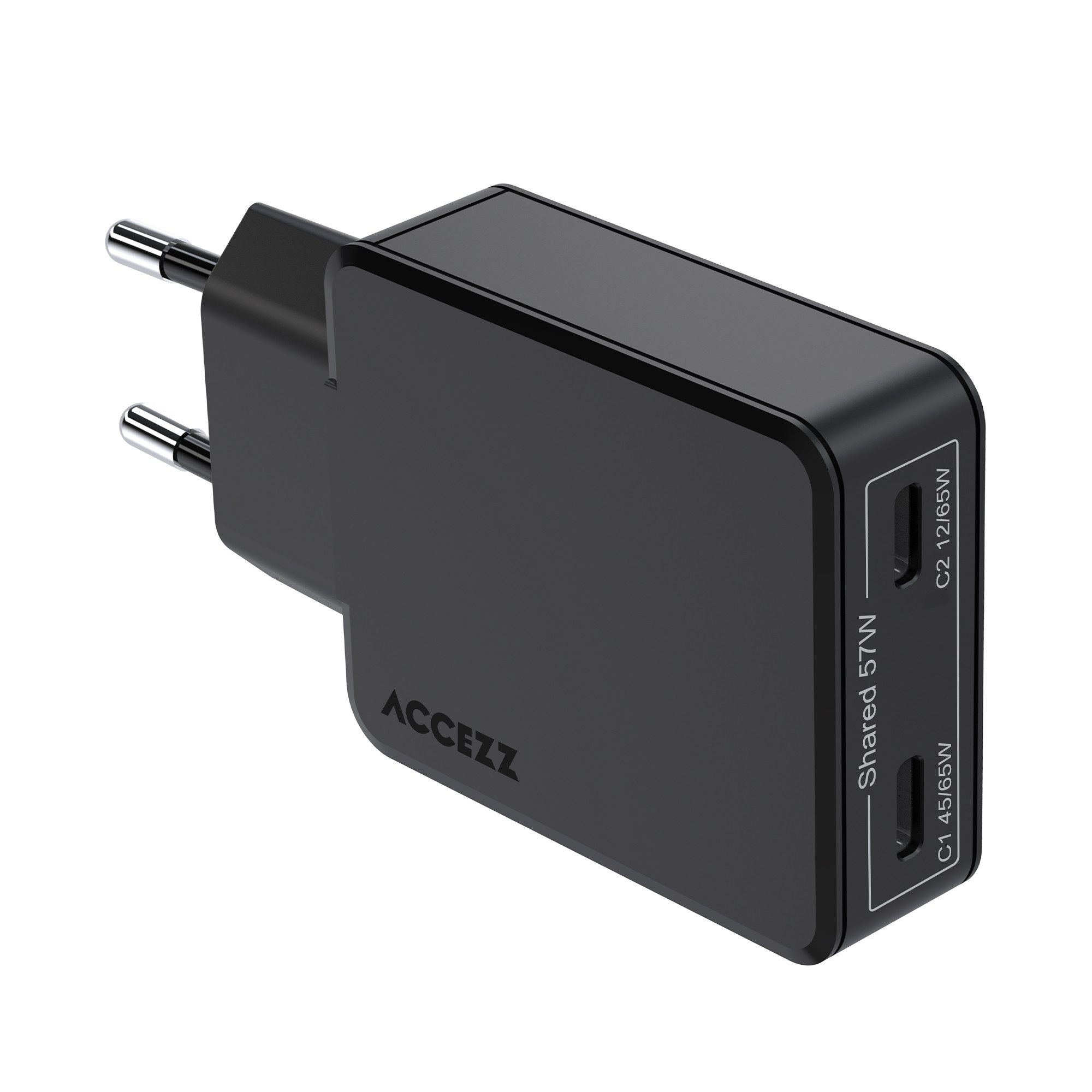Accezz Accezz Ultra Slim GaN Ladegerät - 2x USB-C - 65 W - Schwarz USB-Ladegerät (1-tlg)