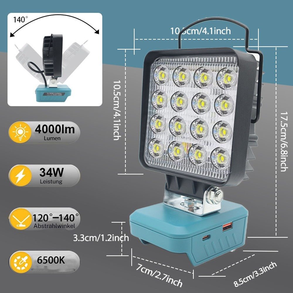 PRIISF LED Arbeitsleuchte LED Camping Lampe Arbeitslicht Strahler Licht Taschenlampe Baustrahler, Quadratisch, LED fest integriert, Tageslichtweiß, Für Makita Li-ion Akku LED Arbeitsleuchte mit Typ C und USB-Aufladung