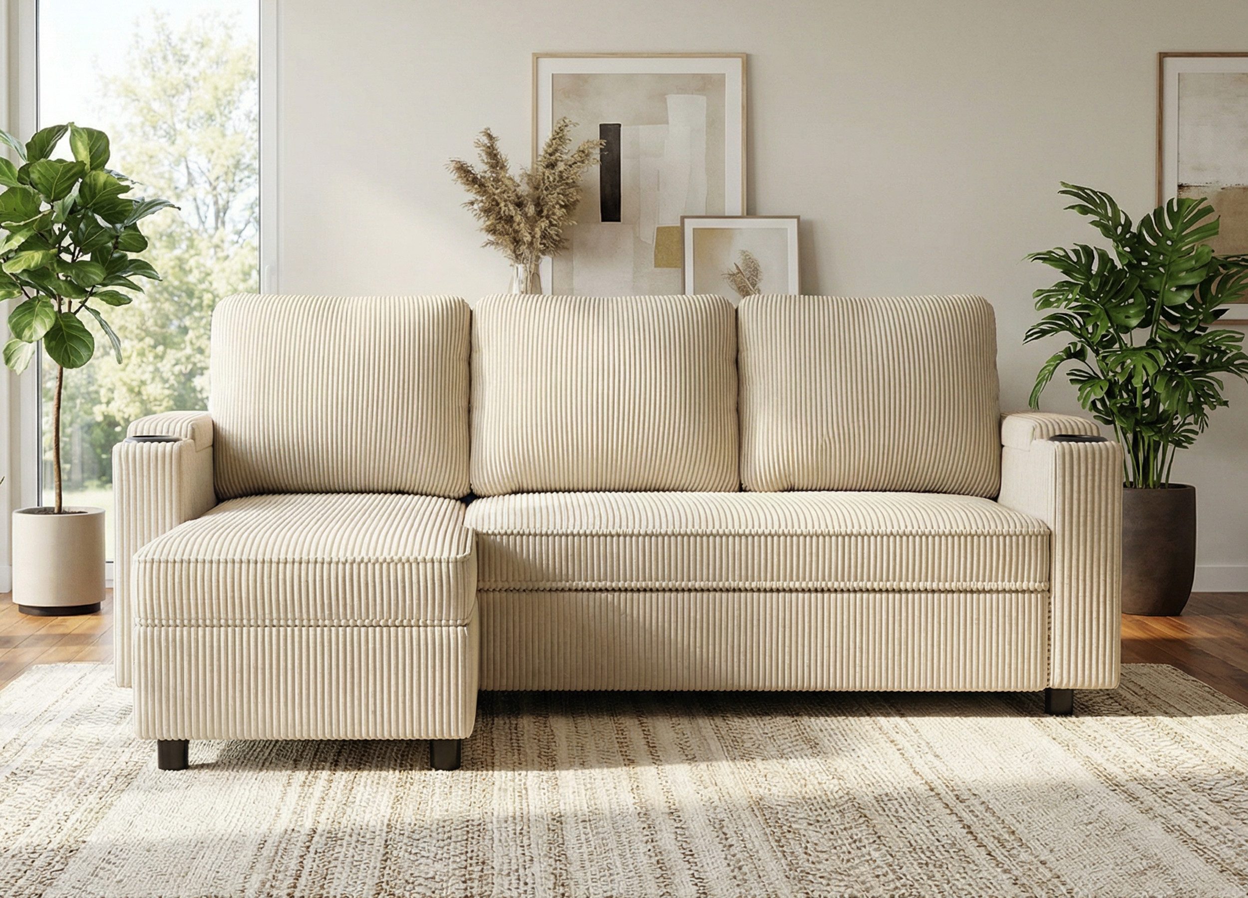 HOMALL Ecksofa Multifunktionales L-Form Schlafsofa aus Cord, mit Stauraum, Gästebett-Funktion, Tassenhaltern & Seitentasche