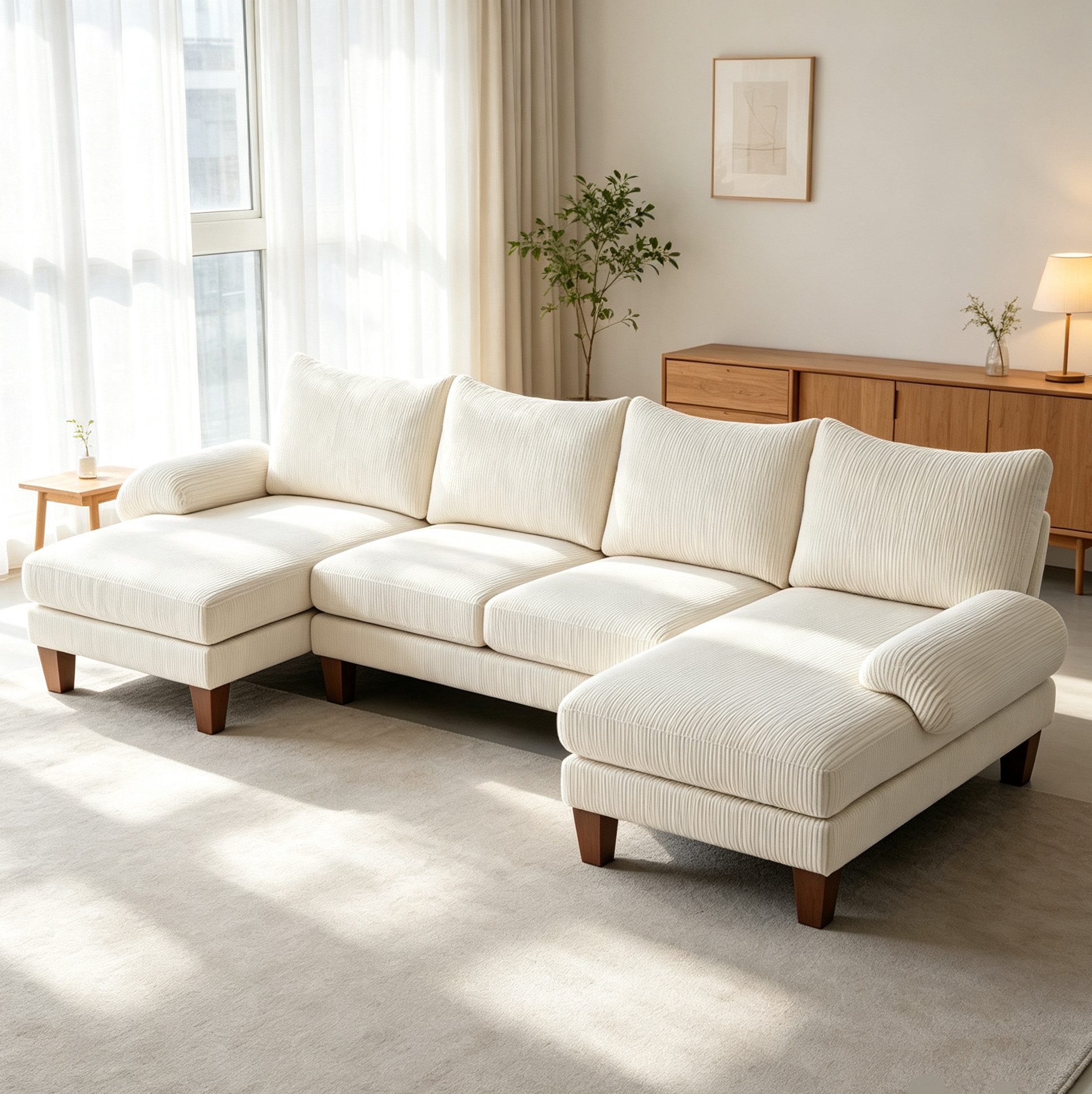 VINGLI Ecksofa U-Form, 283 × 123 × 84 cm, Couch mit Chaiselongue, aus Cord Chenille
