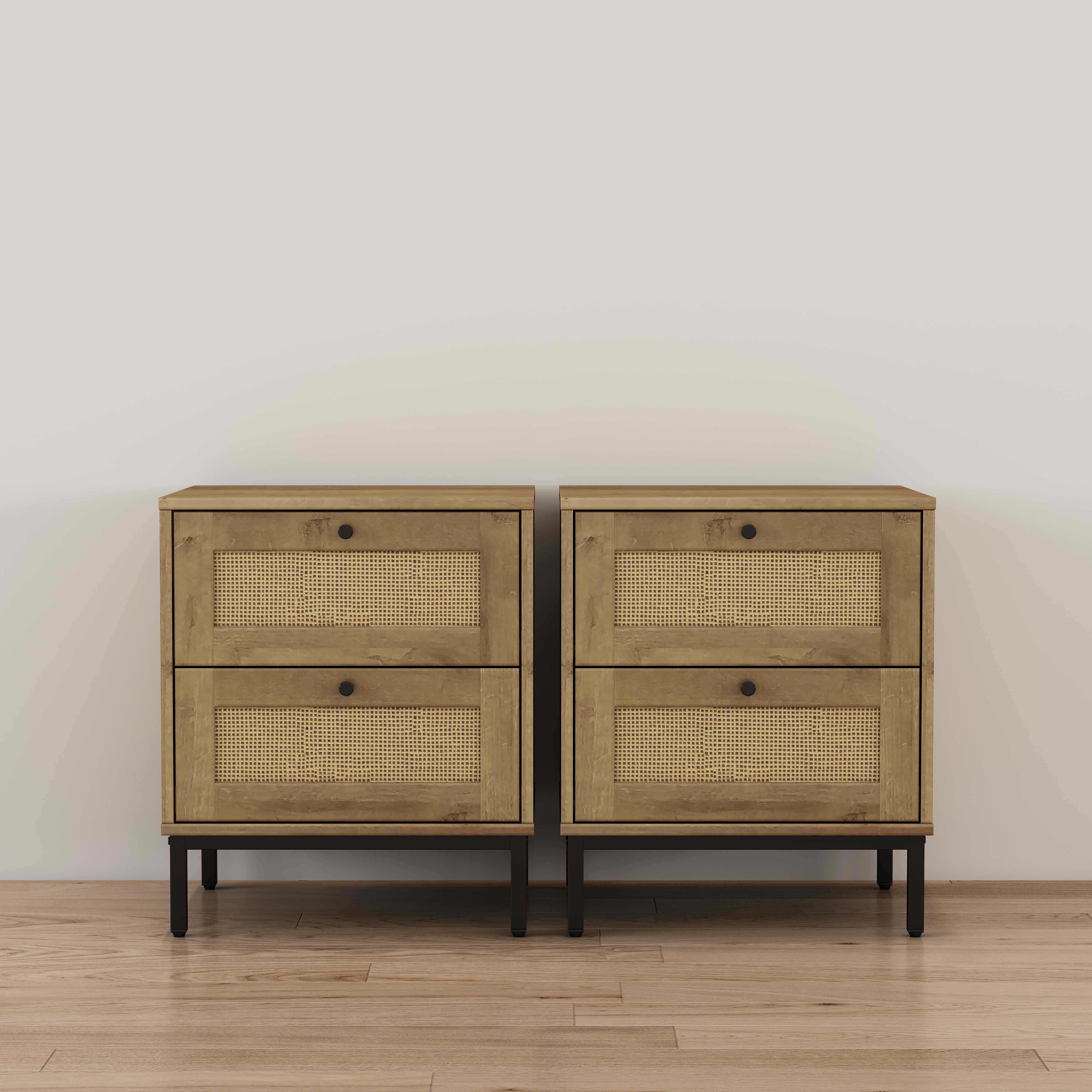 OTTO home Nachtkommode Motala Schlafzimmerschrank Garderobe Boho Eichen-Design (Set, 2 Schränke im Set - Eichen-Design mit schwarzen Griffen), Nachttisch Set mit je 2 Schubladen mit wiener Geflecht optik