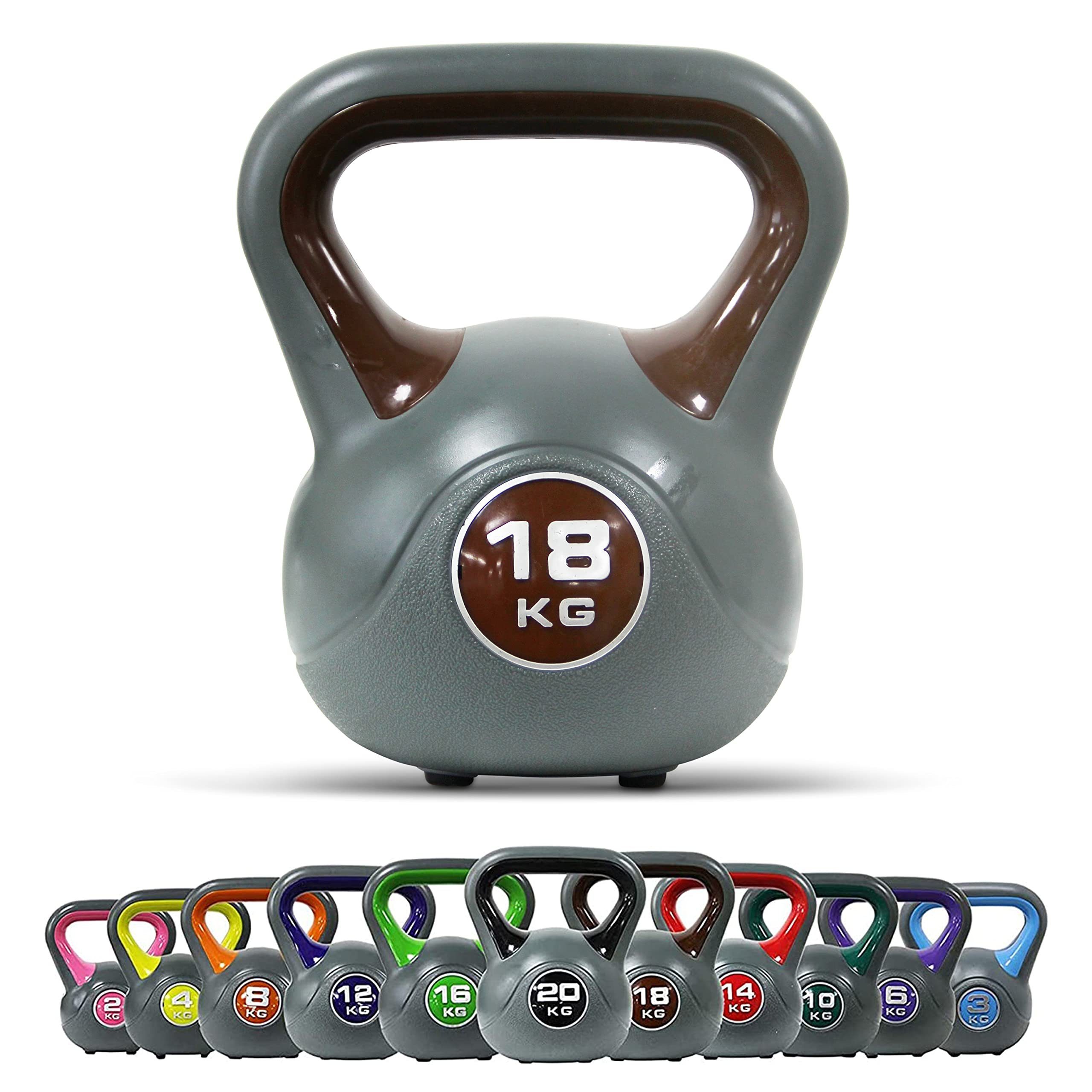 POWRX Kettlebell Kunststoff Kugelhantel 2-20 kg inkl. Workout, versch. Farben/Gewichte, 18 Kg - Braun