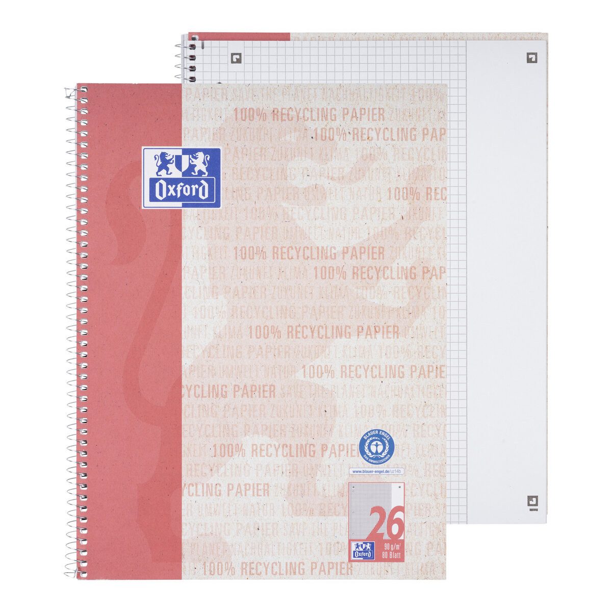 OXFORD Notenblock Collegeblock Recycling LIN 26 - A4+ 80 Blatt kariert Rand rechts blau.