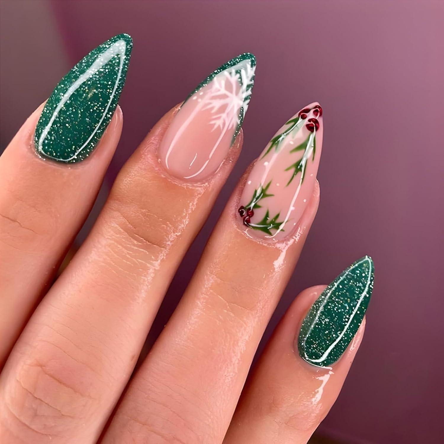 LuxusKollektion Kunstfingernägel Weihnachts-Press On Nails Grün Glitzer
