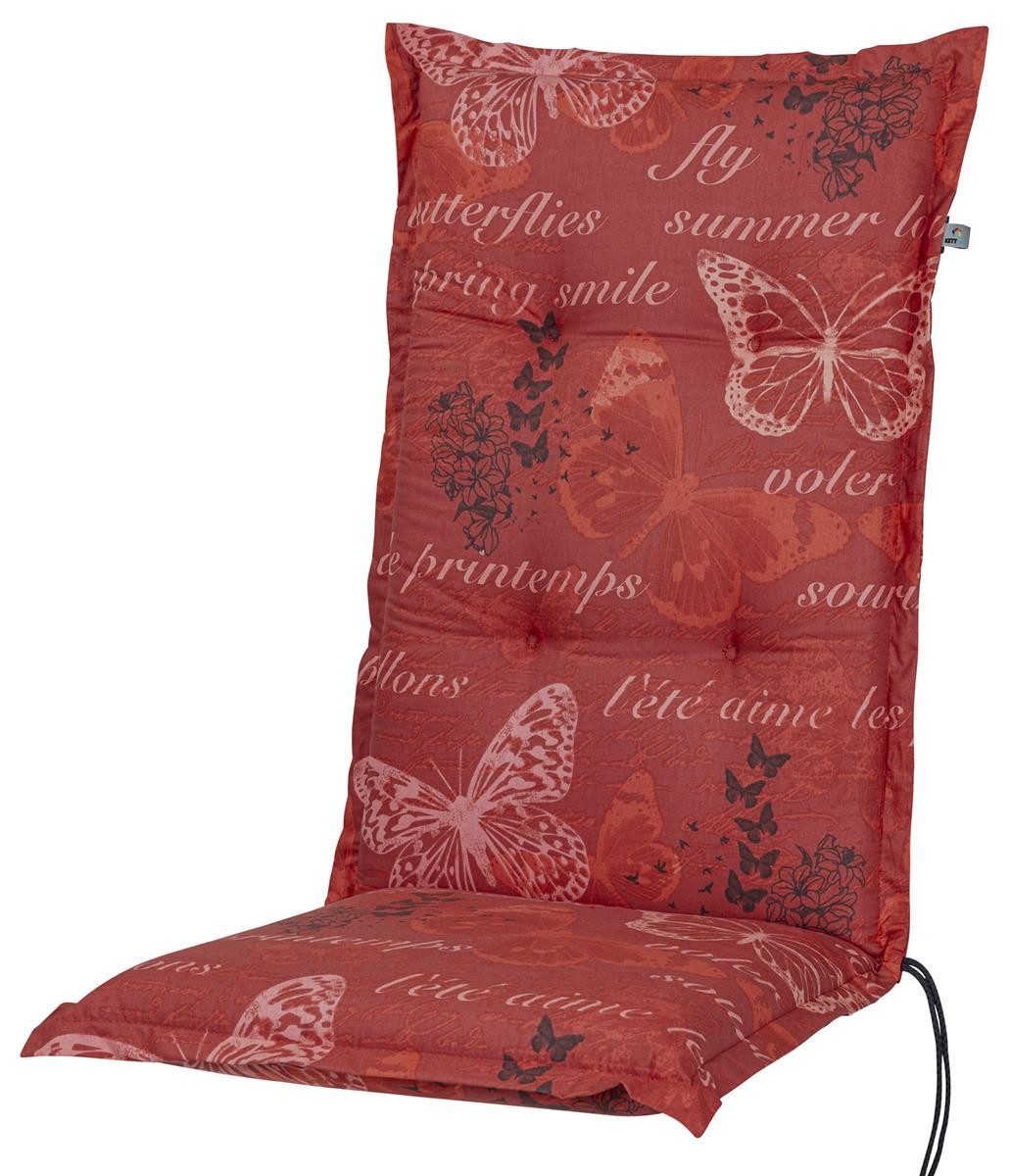 KETTtex Hochlehnerauflage Hochlehner Bali 2386 rot Schmetterlinge 120x49x8 cm KETTtex, (1 St), Halteband verstellbar mit Bindebändern