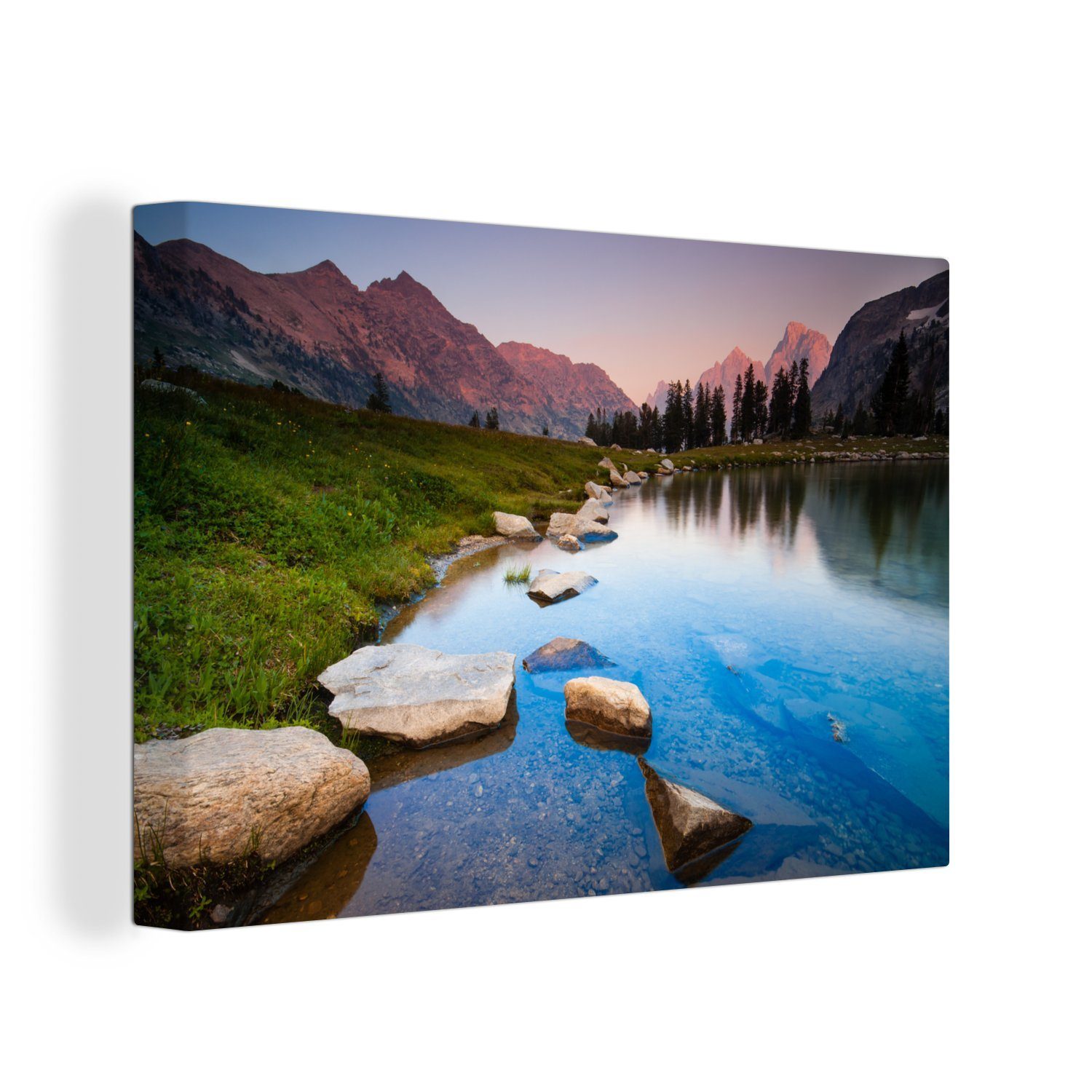 OneMillionCanvasses® Leinwandbild Eine Reihe großer Steine in einem Fluss im Grand Teton National Park, (1 St), Wandbild Leinwandbilder, Aufhängefertig, Wanddeko, 30x20 cm