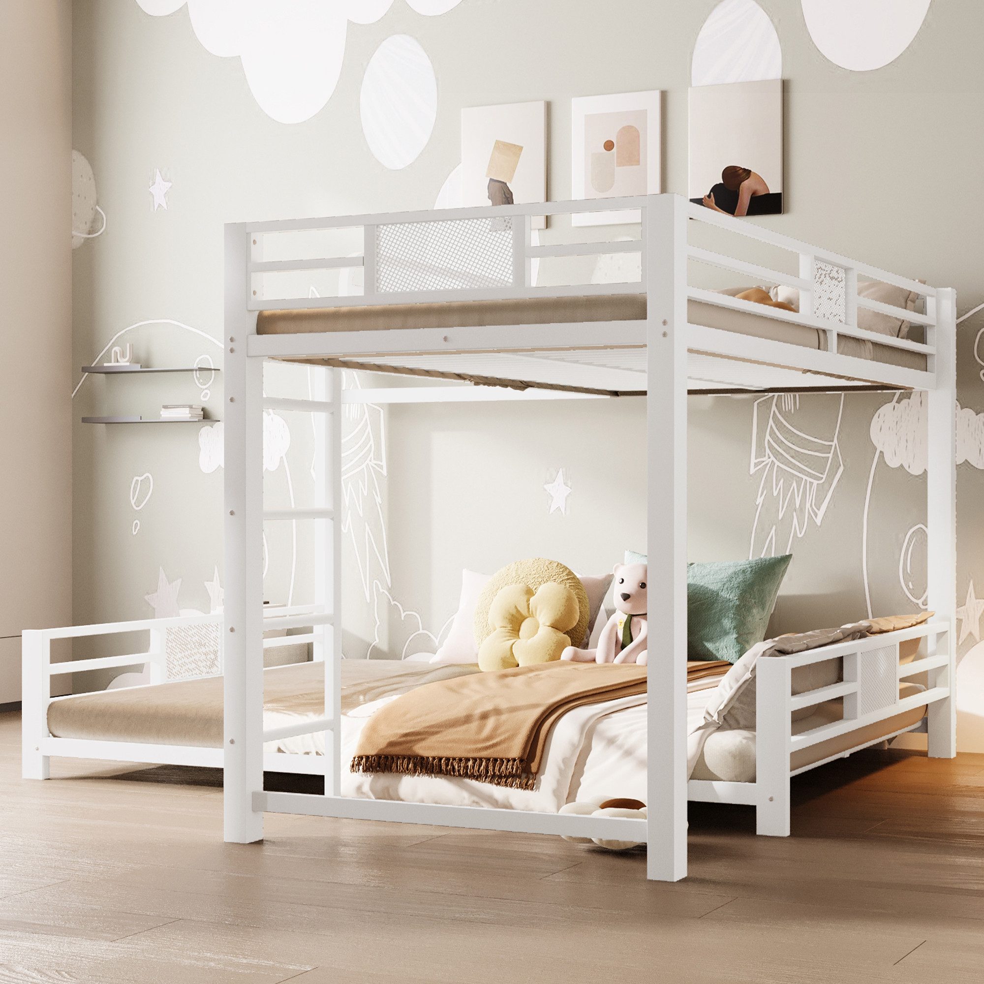 Merax Etagenbett 90x200cm/140x200cm in L-Form (Stockbett Jugendbett Mehrzweckbett, 1-St), Metallbett Doppelbett Kinderbett mit Stauraum, Leiter und Schutzzaun