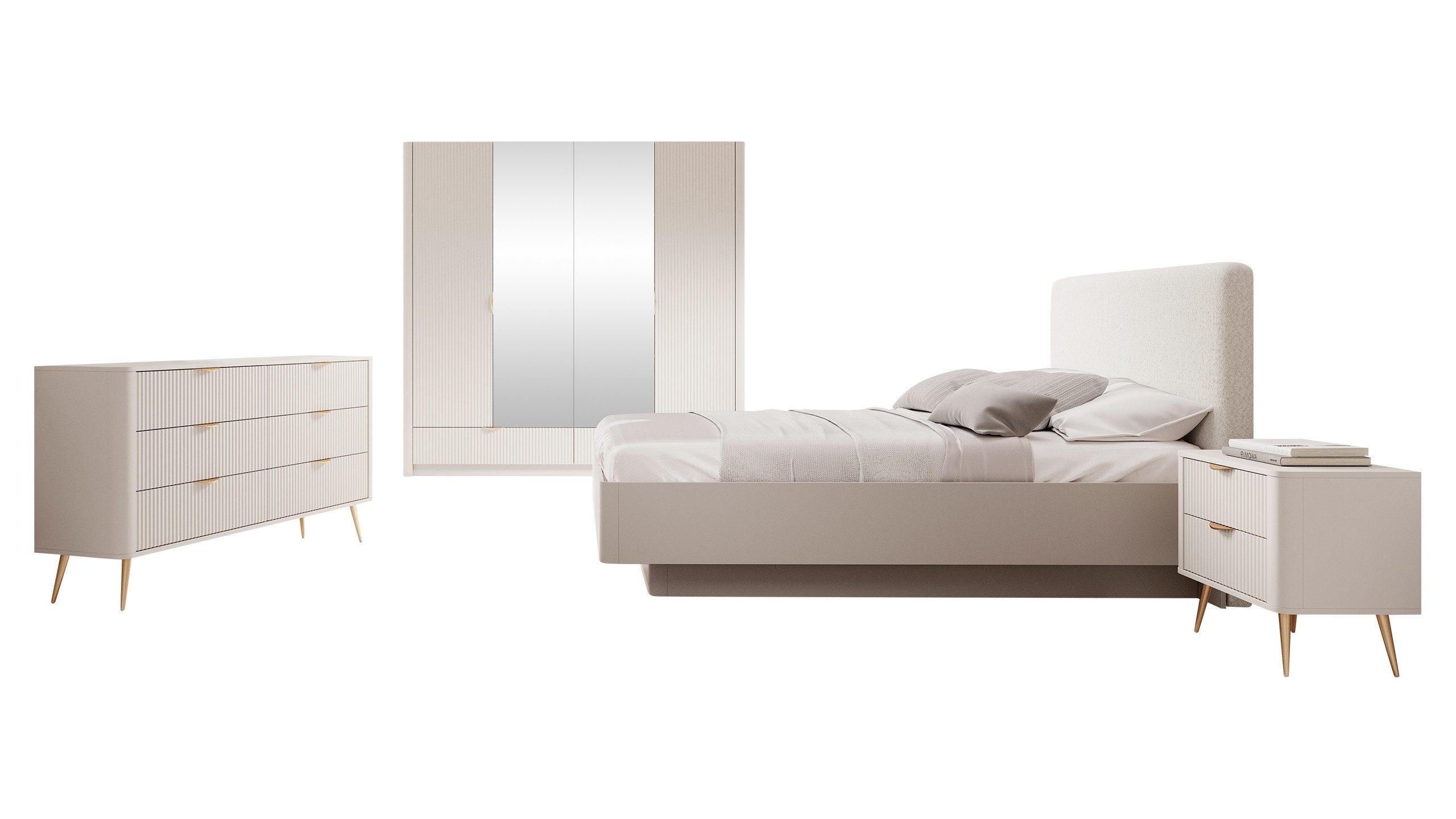 MIRJAN24 Schlafzimmer-Set Lante IV, (4er-Set, Kleiderschrank, Kommode, 2x Nachttisch, Bett), Griffe und Füße aus Metall in der Farbe Gold