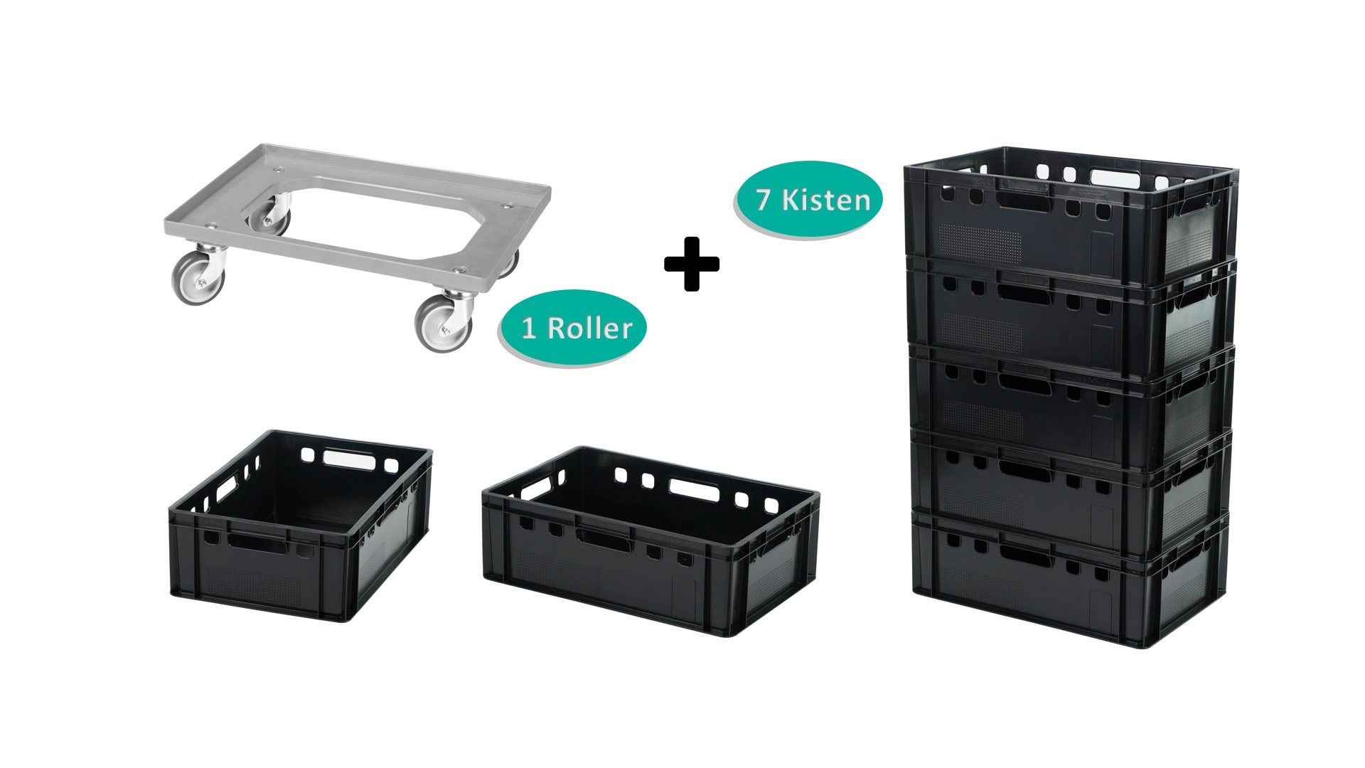 Logiplast Transportbehälter 7 E2 Kisten schwarz mit einem Transportrollen grau, (Spar-Set, 7 Stück), lebensmittelunbedenklich, robust, stapelbar, einfach zu reinigen