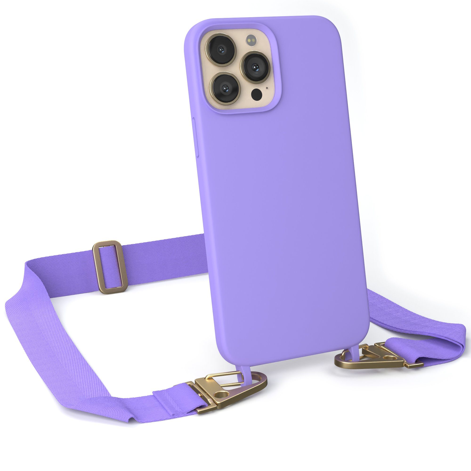 EAZY CASE Handykette Karabiner Breitband für Apple iPhone 13 Pro Max 6,7 Zoll, Hülle mit Band 2in1 Handyband Etui Case mit Kordel Flieder Lila Gold