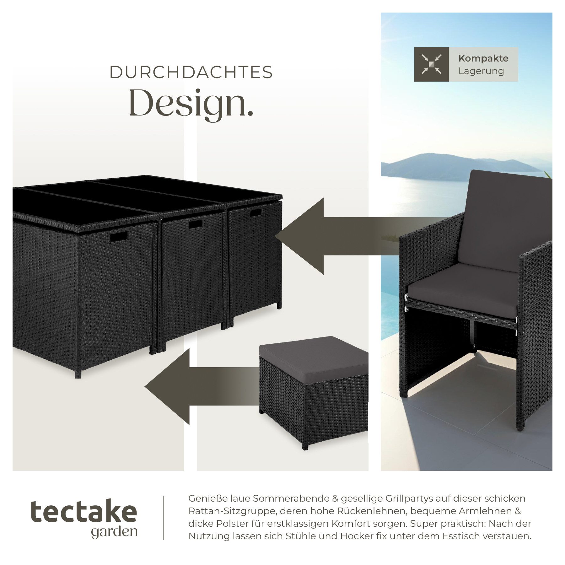 tectake Sitzgruppe Aluminium Rattan Gartenlounge für 6 bis 10 Personen, Inkl., (Loungeset New York, 12-tlg., für Außen in Schwarz), wetterfest und UV-beständig, – Bild 4 von 5
