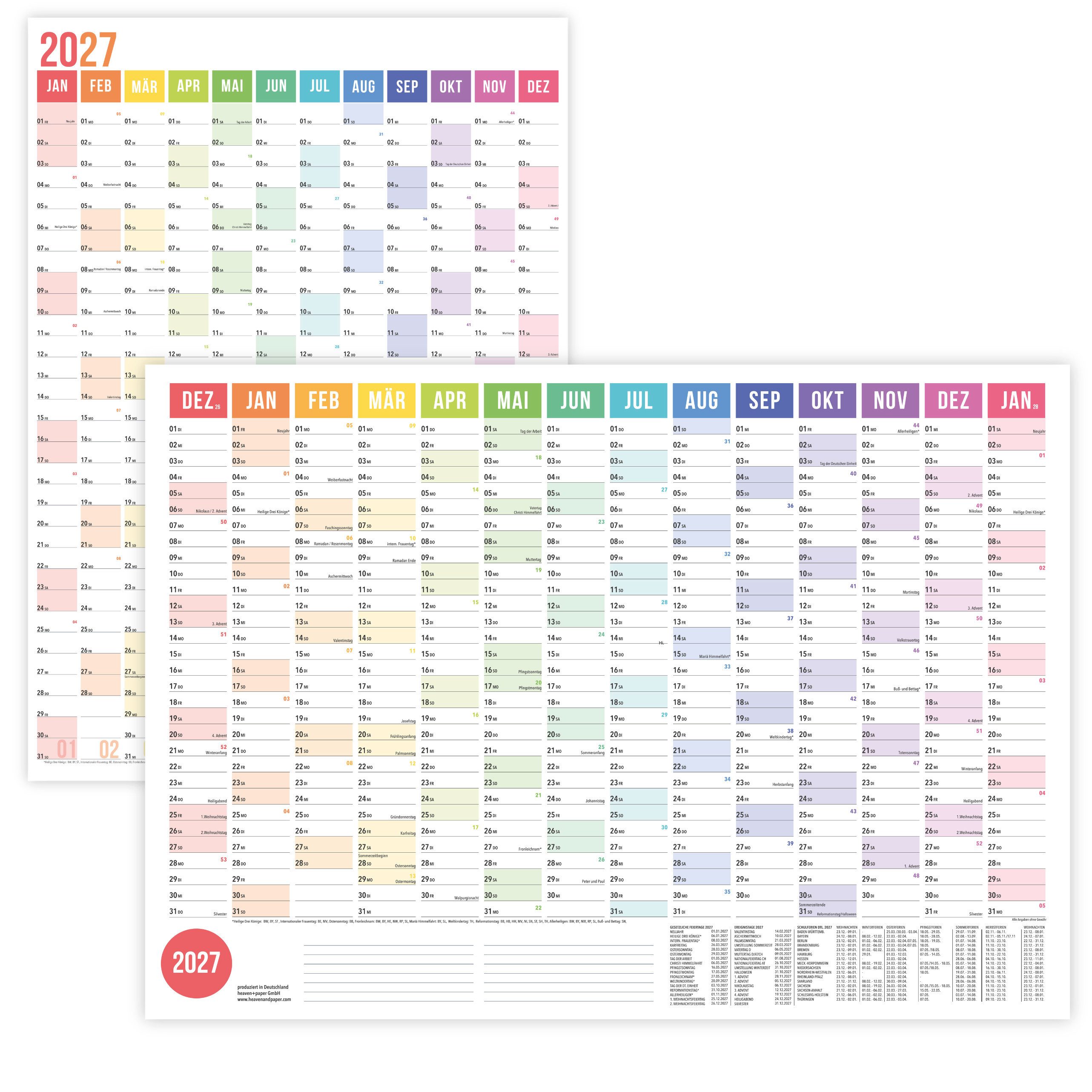 heaven+paper Jahresplaner Wandplaner 2027 Regenbogen – DIN A1, beidseitig bedruckt, Hergestellt in Deutschland – Bild 2 von 5