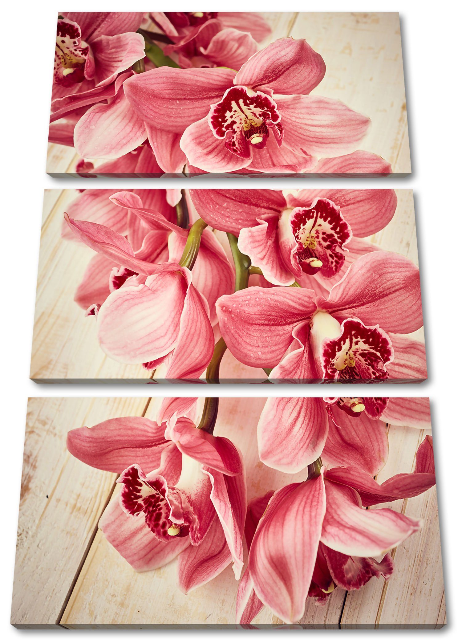 Leinwandbild Zackenaufhänger St), 3Teiler Orchideenblüten Rosane fertig Pixxprint (120x80cm) inkl. (1 bespannt, Orchideenblüten, Rosane Leinwandbild