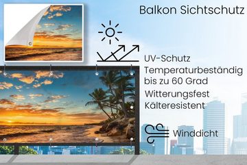 MuchoWow Balkonsichtschutz Strand - Sonnenuntergang - Meer - Palme (1-St) Balkonbanner, Sichtschutz für den Balkon, Robustes und wetterfest