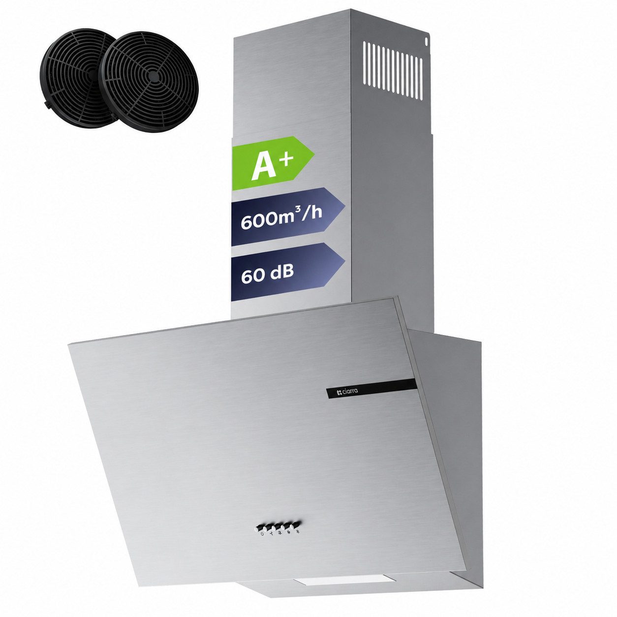 CIARRA Kopffreihaube 60 cm A+ 600 m³/h Schräghaube leise Umluft & Abluft VMS6765A 60 cm A+ 600 m³/h Schräghaube leise Umluft & Abluft VMS6765A, Leise Schräghaube aus Edelstahl mit Kohlefilter Fettfilter LED Silber
