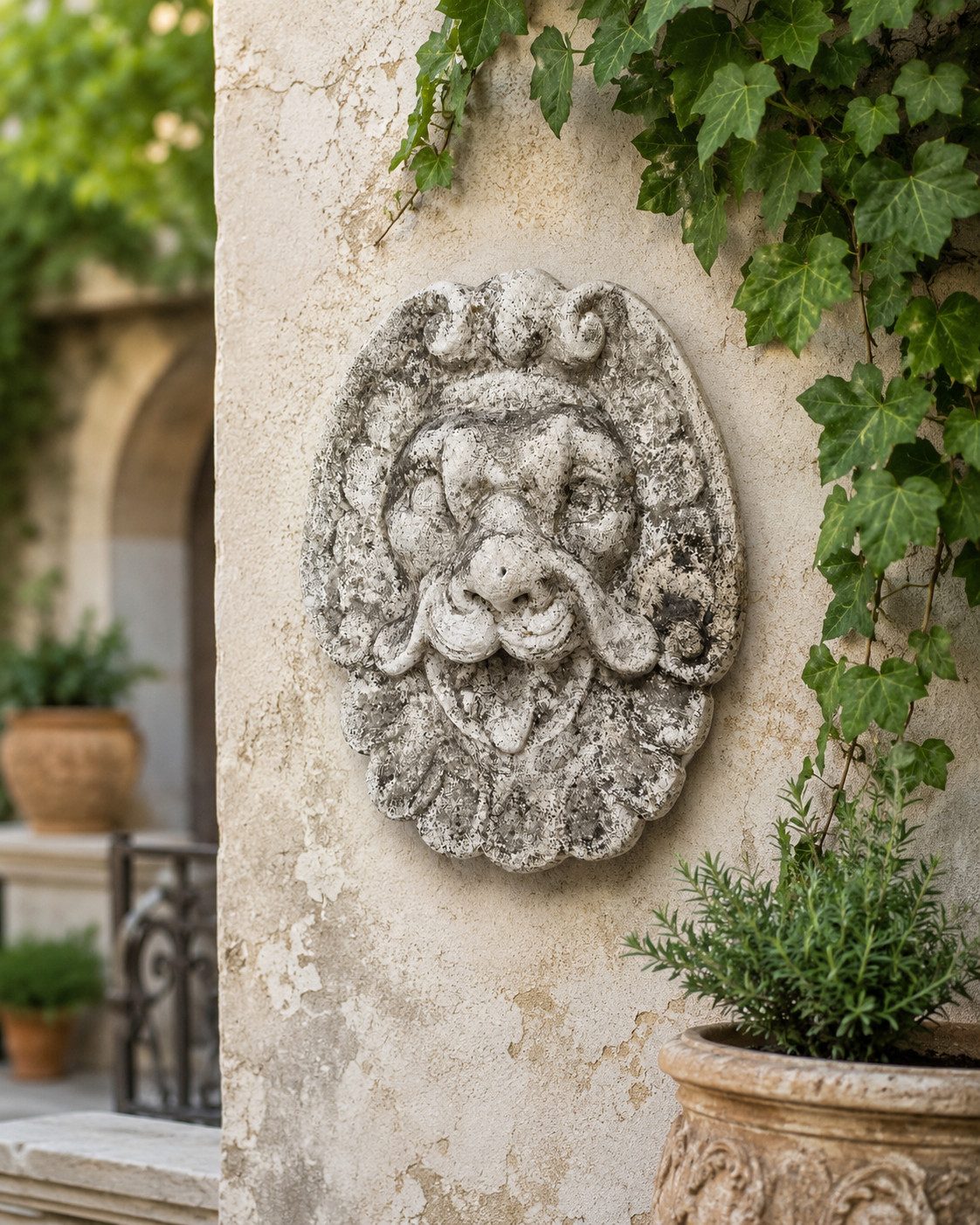 Xlmoebel Wanddekoobjekt Antike Löwenmaske Wandrelief Steinoptik Garten Terrasse Sofort (Einzelset, 1 St., 1-teilig), Hergestellt in Europa